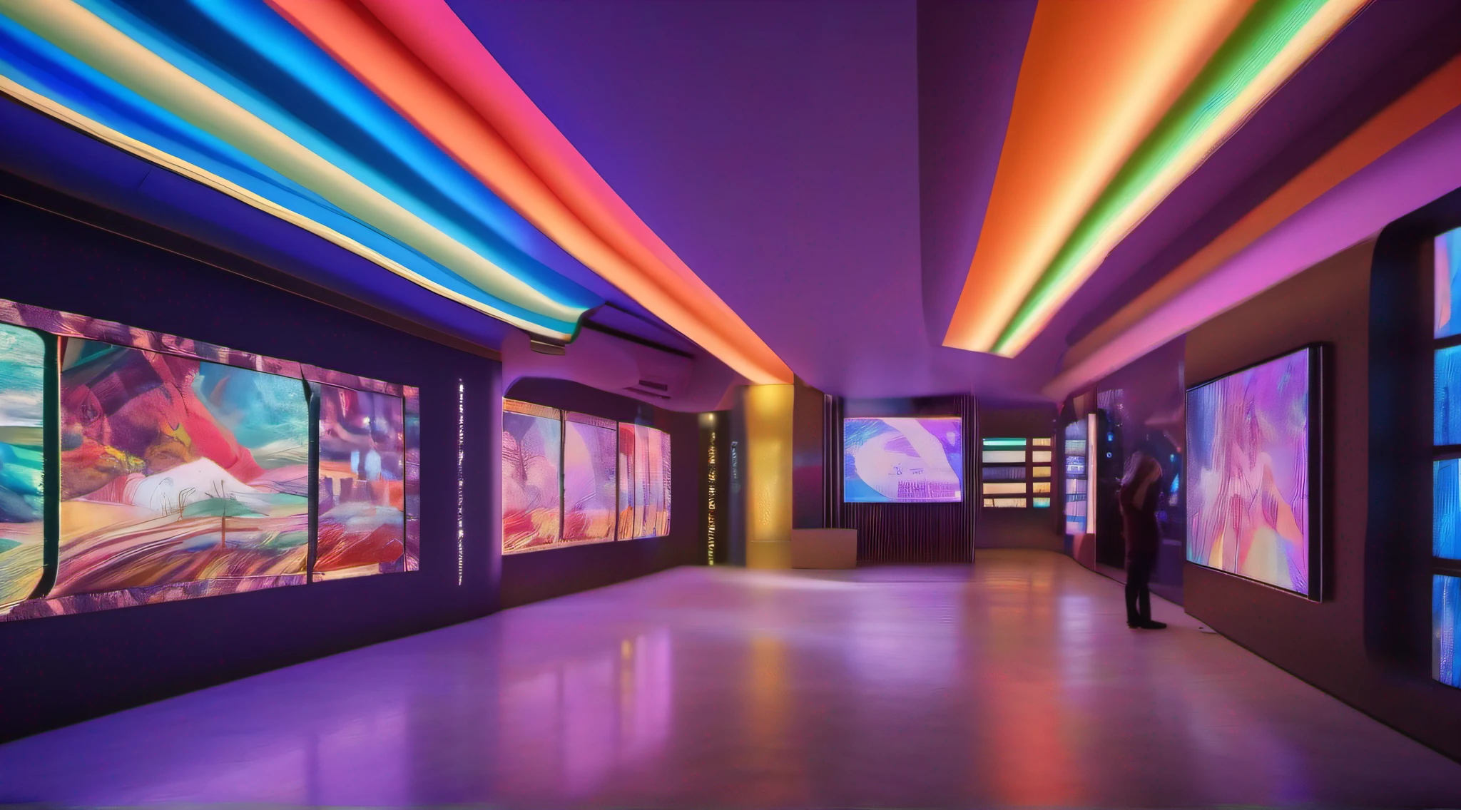 Indoor rectangular space,,Narrow and deep space， A 3-meter-tall,Colorful and bright,Pigment Museum,Immersive feeling, A large number of paint tubes on the walls on both sides form a huge neat artistic array，Inside are some LED screens，Showcasing the history of Marley brand pigments,Many colored arrays on the wall,Colorful colorful,Rainbow,, 8K high accuracy,concept design，Cinematic level，Interior showroom design，High detail,high-tech feel, Futuristic style, LCD screen and digital interactive technology,Some LEDs and history display bars on the wall, The top surface is specular,A beautiful space that forms infinite reflections,concept design,8K, Bright and clean,