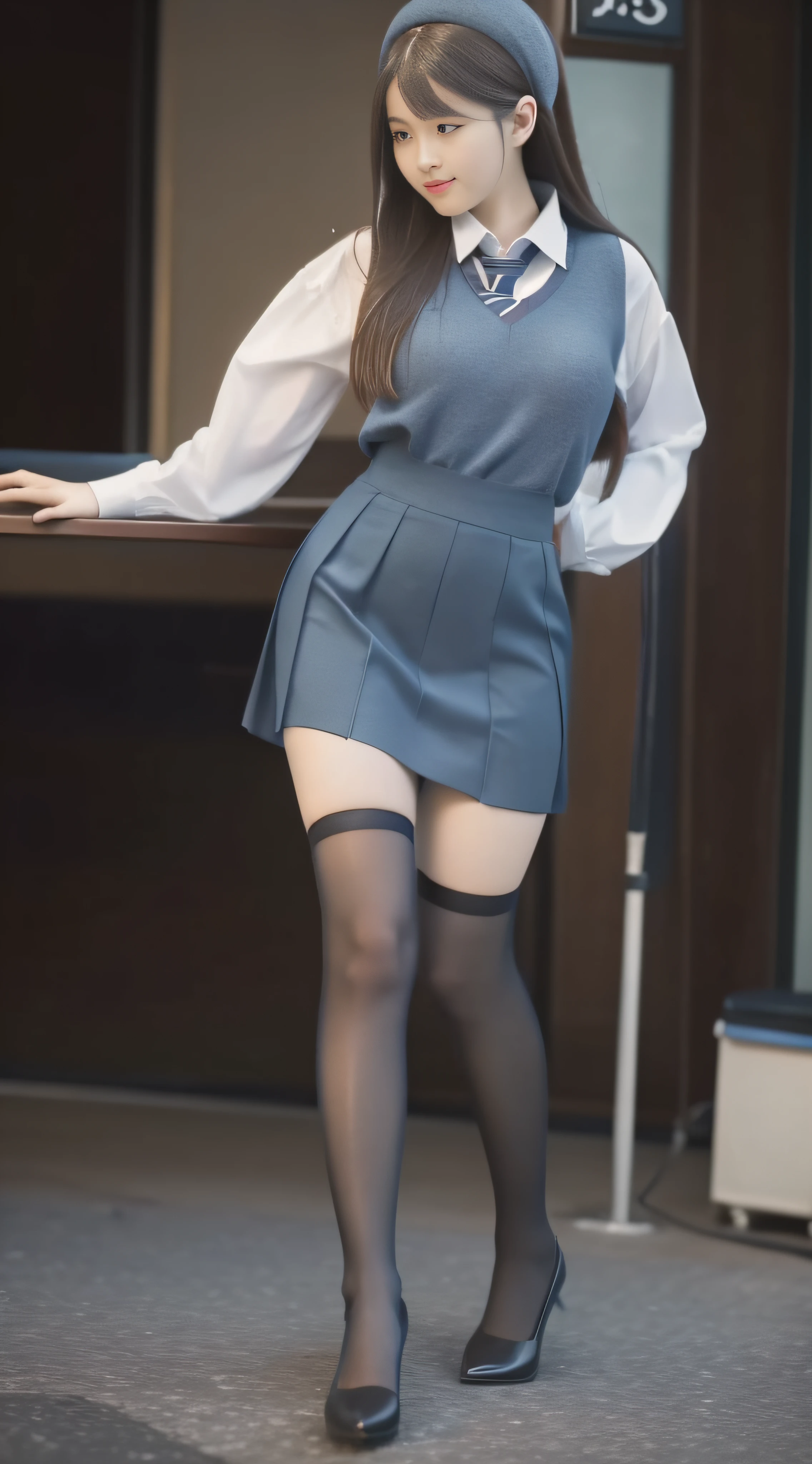 Solid blue color scheme,Student uniform,JK school uniform,Female pervert,Uniform heels,Lift up your skirt,(Full Focus),(Full body shot :2),Must have stockings,Stockings are at least knee-length,Puzzles are prohibited, Detailed and complex background, glittery, reflective light, hyper HD, Award-Awarded, A high resolution, High detail, Chiaroscuro, Cinematic lighting, Masterpiece, Ray traching,structurally correct, Super detail, High quality, High details, Best quality, 16k,anatomy correct