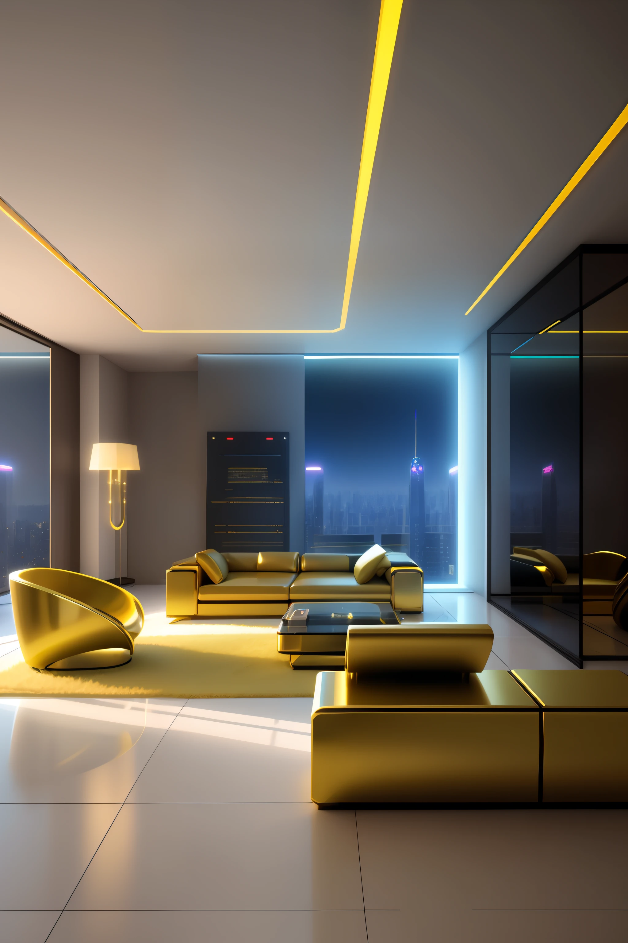 A futuristic room with golden furnitures