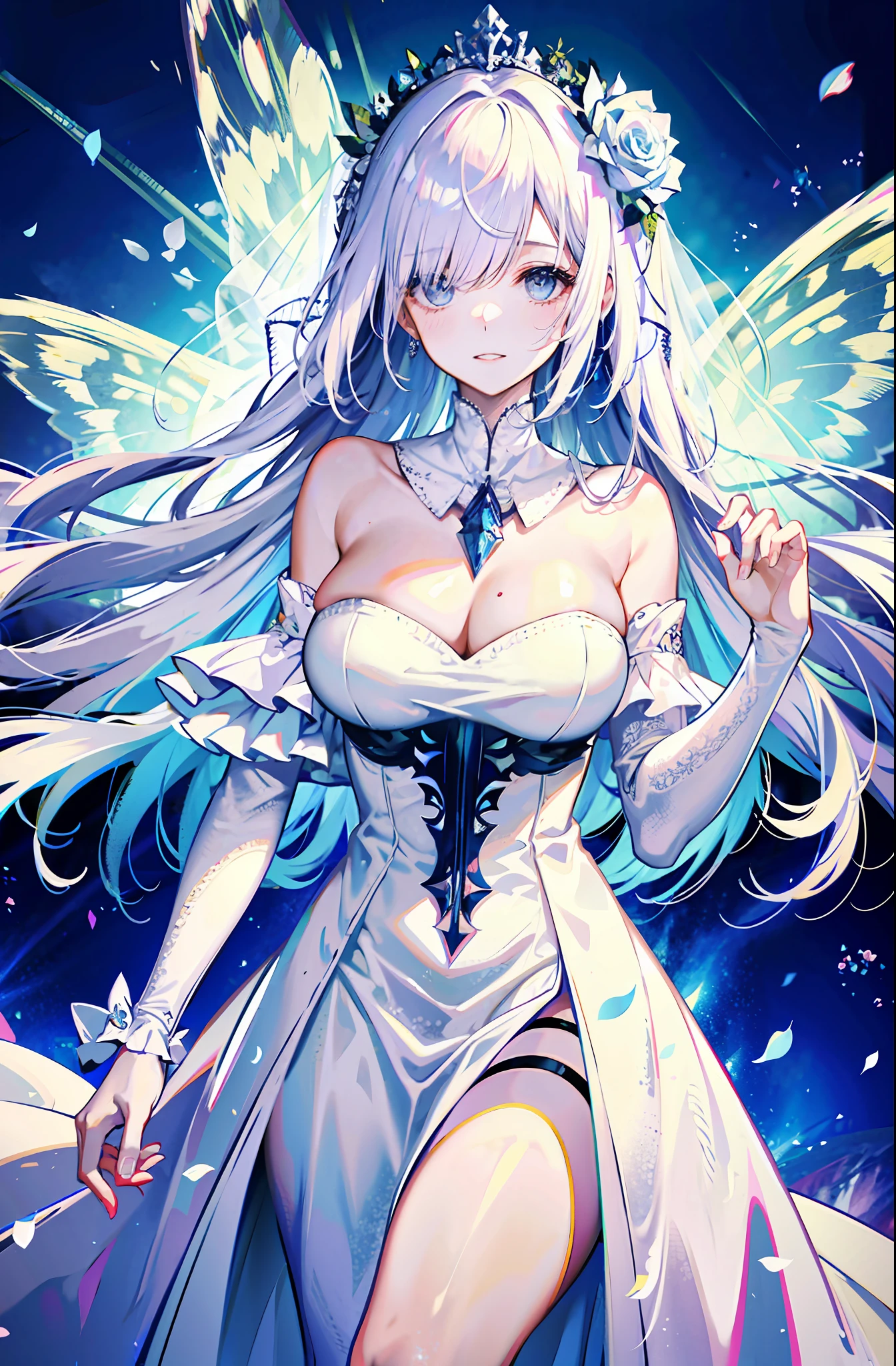 silber hair,butterflys,long whitr hair,white wedding gown,8k wallpaper,detailedbackground,Highest high resolution,deep v big breasts,Hair covers one eye,Bandeau wedding dress,chies,White rose,tight-fitting,chies,In the daytime,