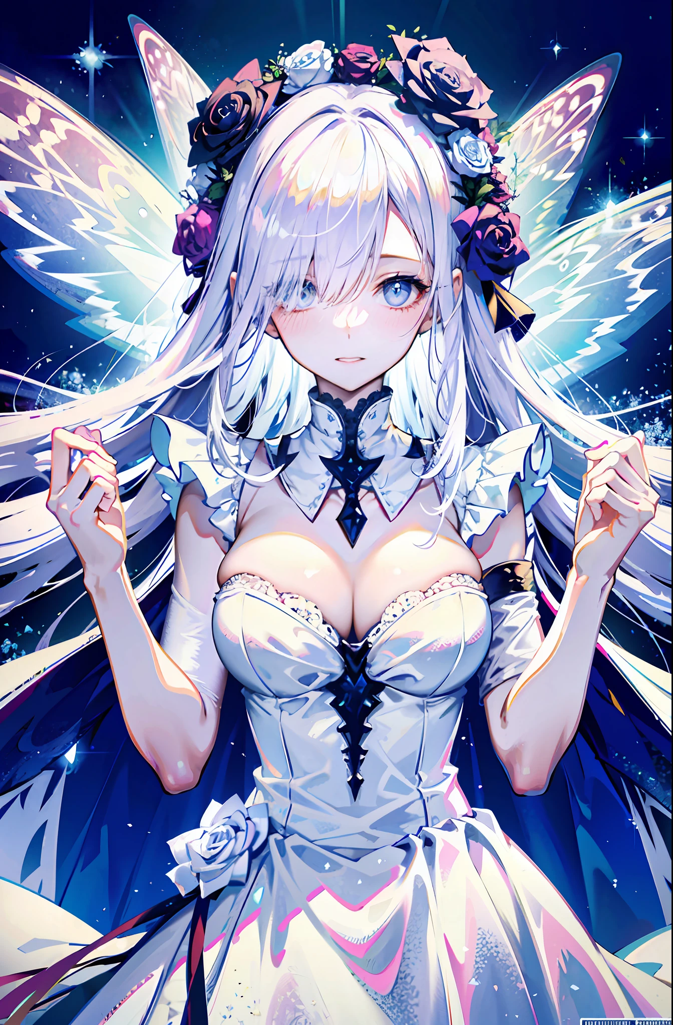 silber hair，butterflys，long whitr hair，white wedding gown，8k wallpaper，detailedbackground，Highest high resolution，deep v big breasts，Hair covers one eye，Bandeau wedding dress，chies，White rose，tight-fitting，chies，In the daytime，