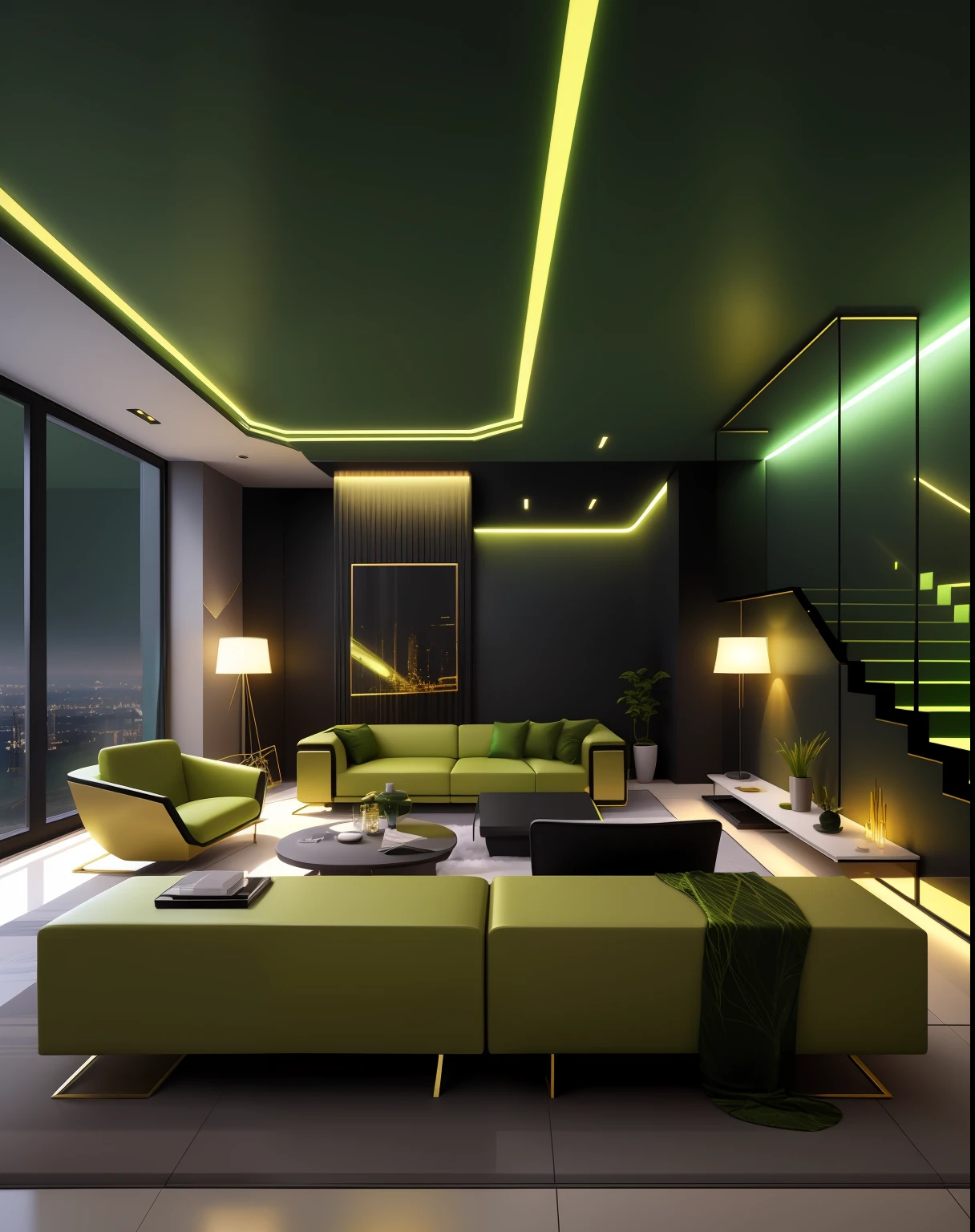 A futuristic room with golden furnitures, dark green theme