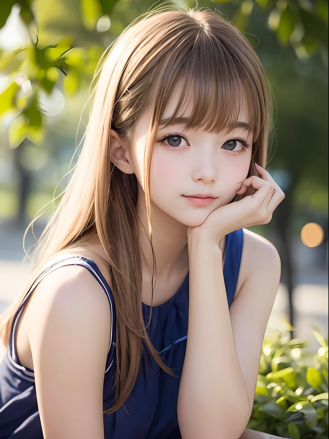 Platinum blonde hair is extra-long filamentous straight hair、porate、School uniforms、bright expression、poneyTail、young and shiny white shiny skin、Best Looks、Shiny light hair、Beautiful bangs that shine、Double eyelids、eyes liner、Big crystal clear blue eyes,Shining with a mesmerizing light、a small face、Very nice cute cute 18 year old Eastern European girl、Large bust