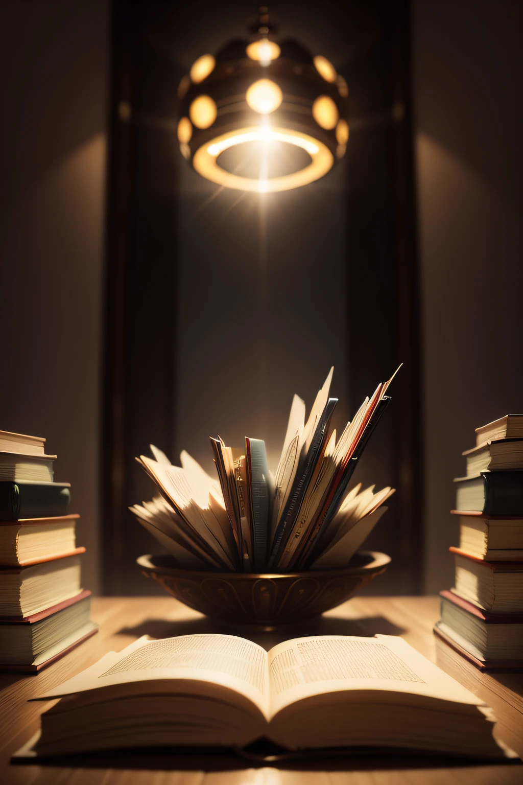 Tons of books,art-deco, Depth of field, Cinematic lighting, Rotated, Perspective, Lens flare