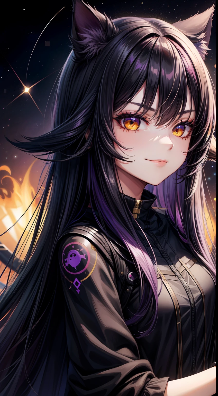 young girl, Dark black fur, long purple hair, cat ears, golden eyes, , Space tattoos, outer space, smirk, Masterpiece, hiquality