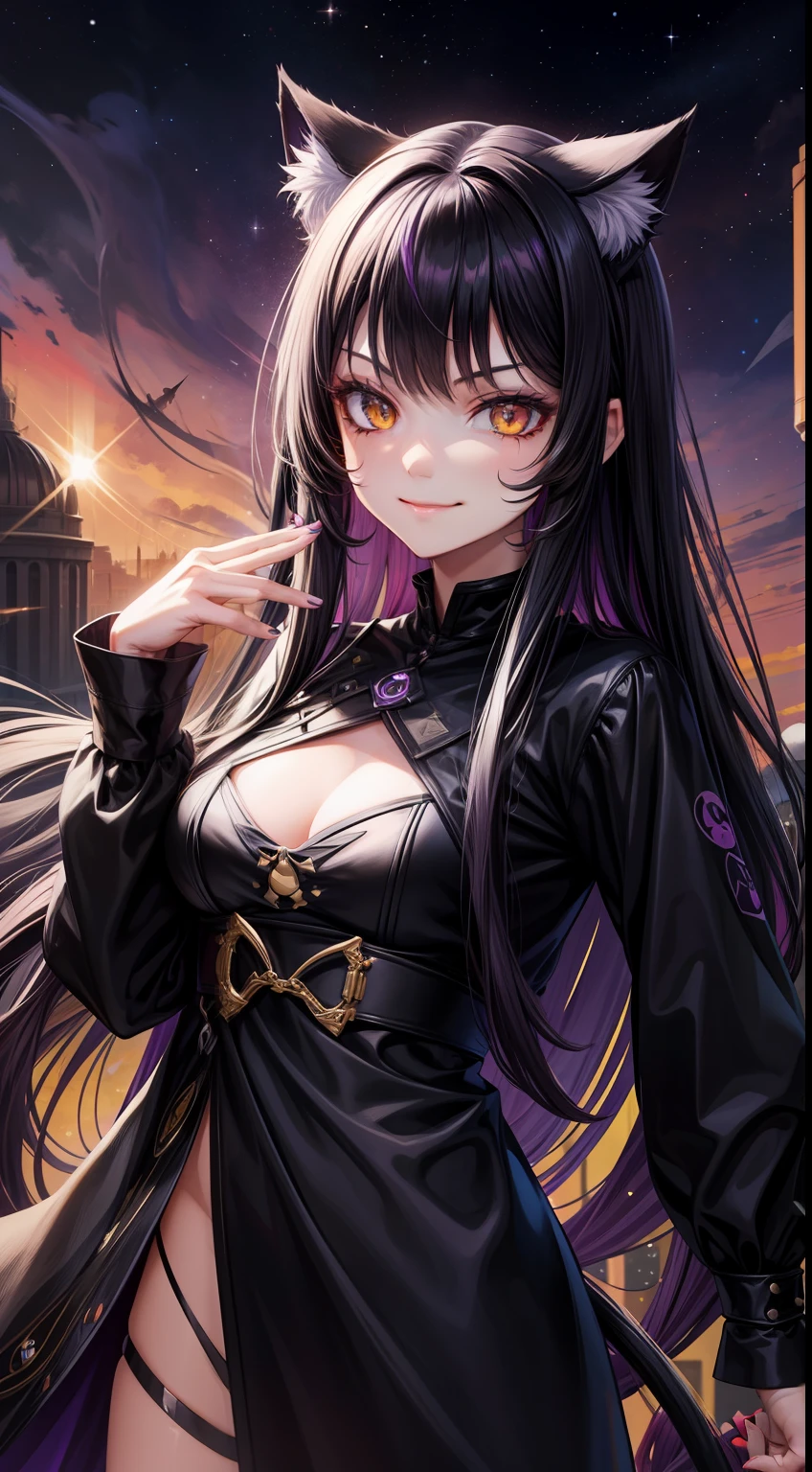 young girl, Dark black fur, long purple hair, cat ears, golden eyes, , Space tattoos, outer space, smirk, Masterpiece, hiquality