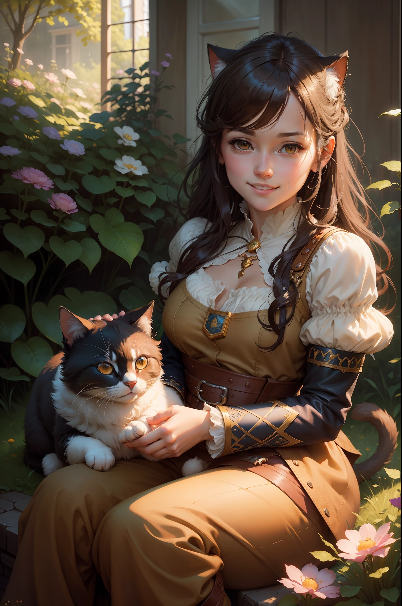 olpntng style, Beautifull detailed portrait of a cute calm girl with a fluffy cat in the garden illustrator anime, smiles, oil by justin gerard and greg rutkowski, digital art, realistic painting, dnd, character design, trending on artstation, deep color, oil painting, heavy strokes, paint dripping