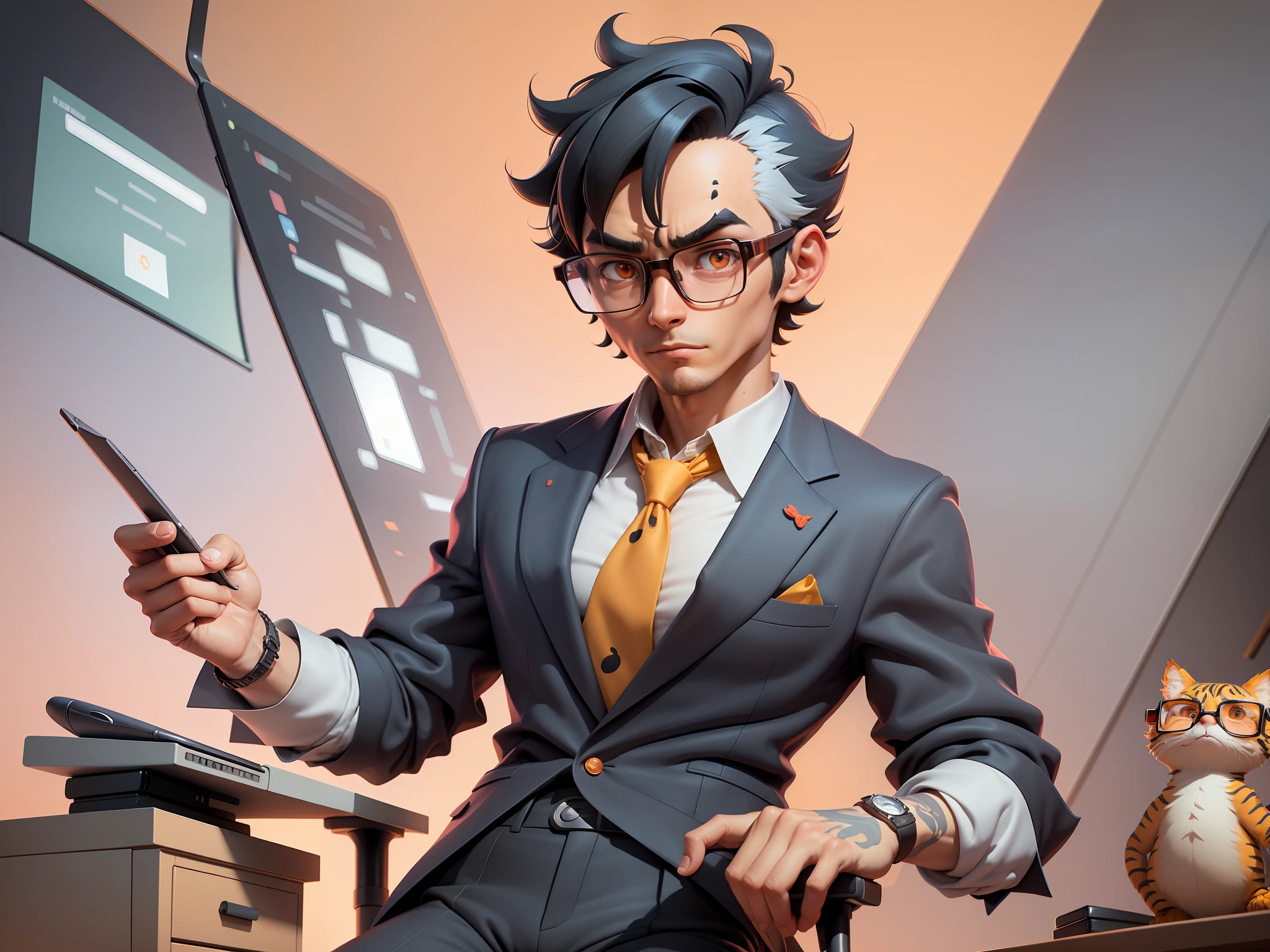 A young man in a suit and pants, Short hair and glasses sat at his desk，holding laptop，digitial painting，tigre，3D character design by Mark Clairen and Pixar and Hayao Miyazaki and Akira Toriyama，4K HD illustration，Very detailed facial features and cartoon-style visuals。