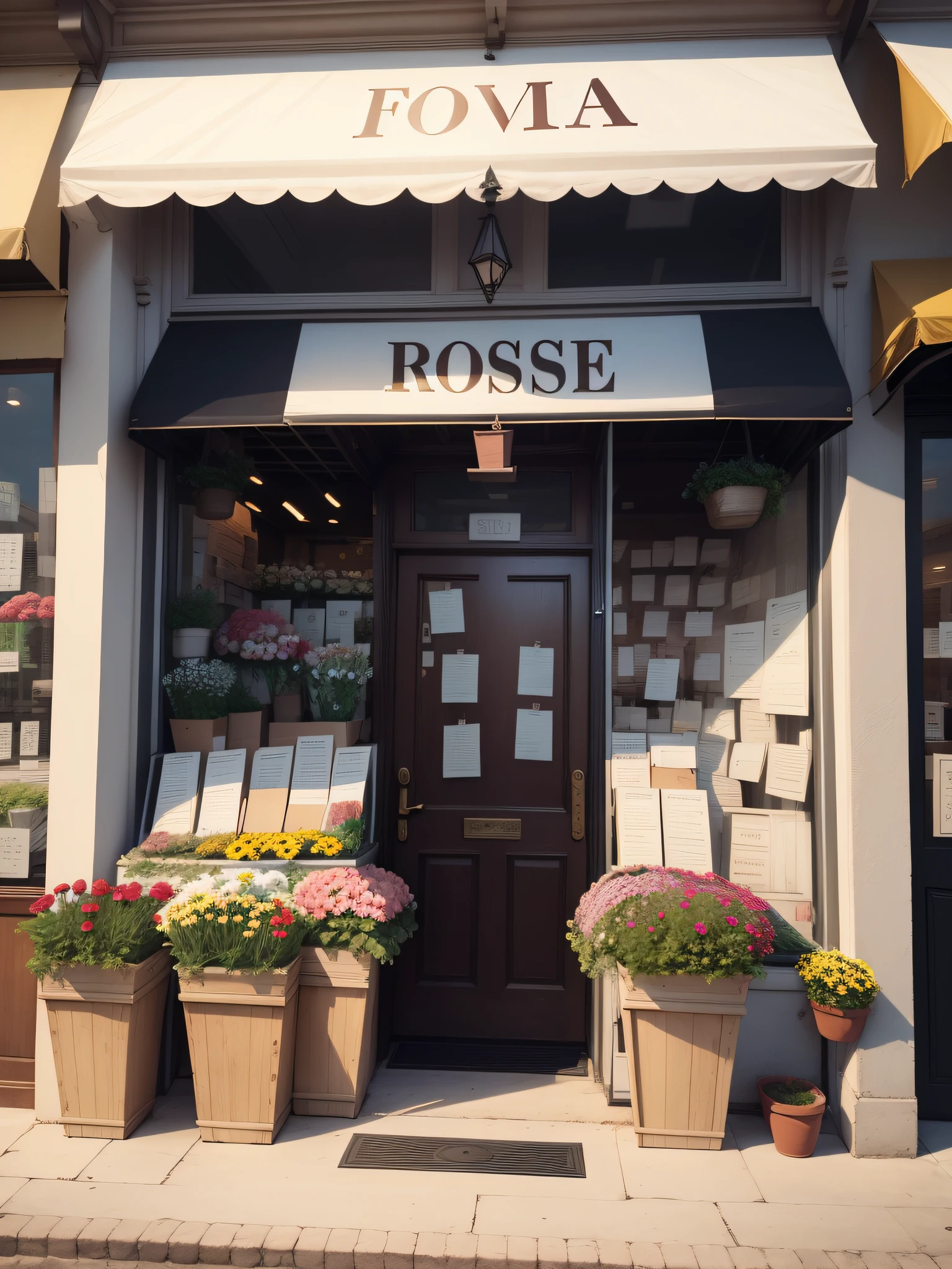 Flower shop，Larger rectangular store signs，A large-character signboard that sags horizontally，NOhumans，There are many bouquets of flowers in front of the store，Rose flower，tmasterpiece，best qualityer，ultra - detailed，illustratio，（Impresionismo：1.4）