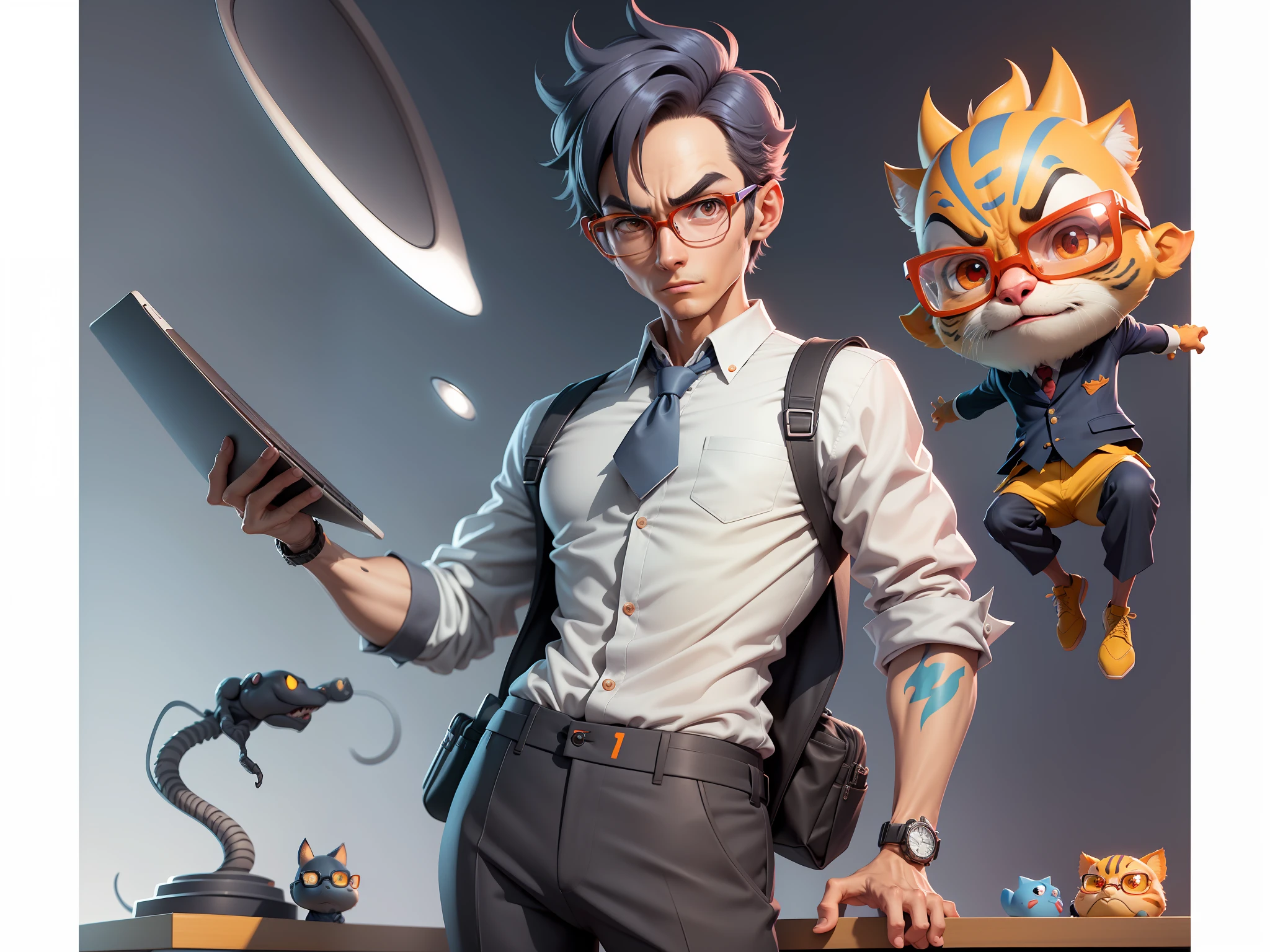 A young man in a suit and pants, Short hair and glasses sat at his desk,holding laptop,digitial painting,tigre,3D character design by Mark Clairen and Pixar and Hayao Miyazaki and Akira Toriyama,4K HD illustration,Very detailed facial features and cartoon-style visuals。
