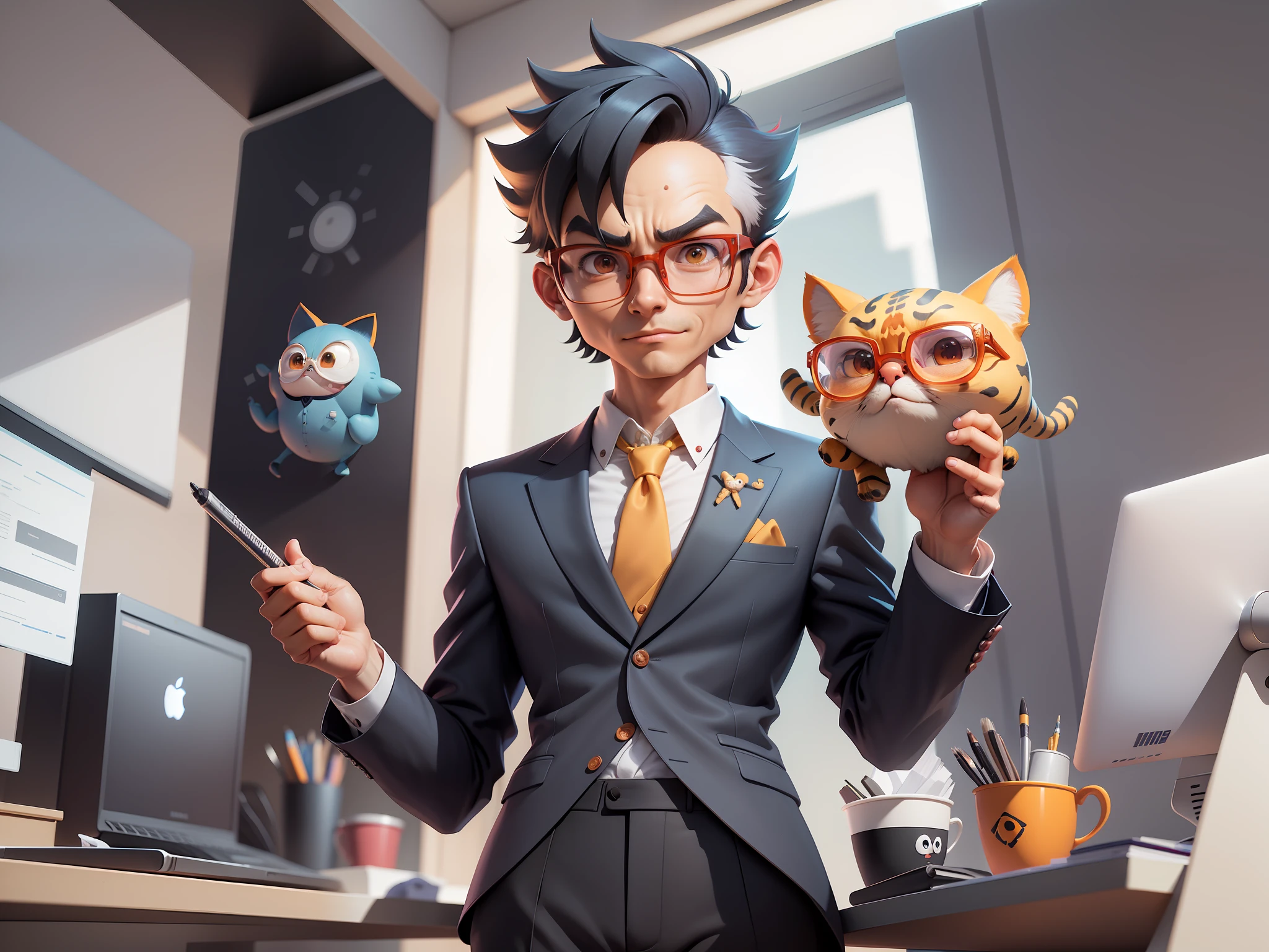 A young man in a suit and pants, Short hair and glasses sat at his desk,holding laptop,digitial painting,tigre,3D character design by Mark Clairen and Pixar and Hayao Miyazaki and Akira Toriyama,4K HD illustration,Very detailed facial features and cartoon-style visuals。