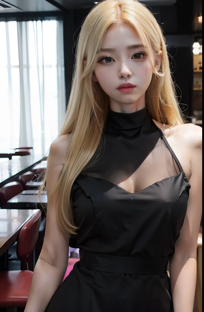 one woman, hair long, blonde, black eyes, short pink dress , sharp body, inside the restaurant , detailed body, detailed face, best quality, high quality, masterpiece, korean