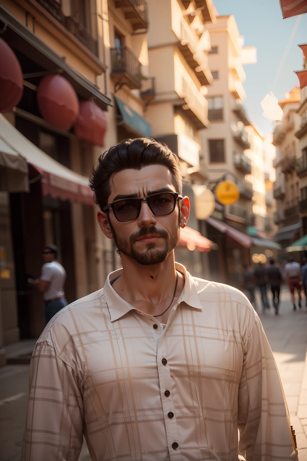 Hombre guapo musculoso peludo gran bulto en jeans y camisa con lentes de sol , posando en una plaza en la ciudad 8k highest definition Fix eyes Fix face