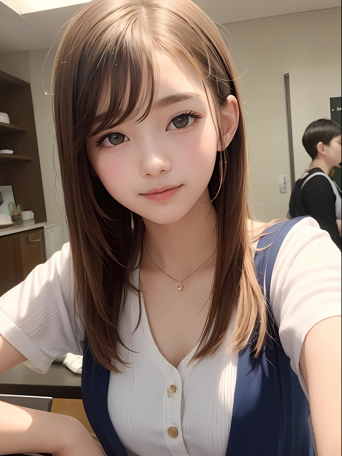 Platinum blonde hair is extra-long filamentous straight hair、porate、School uniforms、bright expression、poneyTail、young and shiny white shiny skin、Best Looks、Shiny light hair、Beautiful bangs that shine、Double eyelids、eyes liner、Big crystal clear blue eyes，Shining with a mesmerizing light、a small face、Very nice cute cute 18 year old Eastern European girl、Large bust