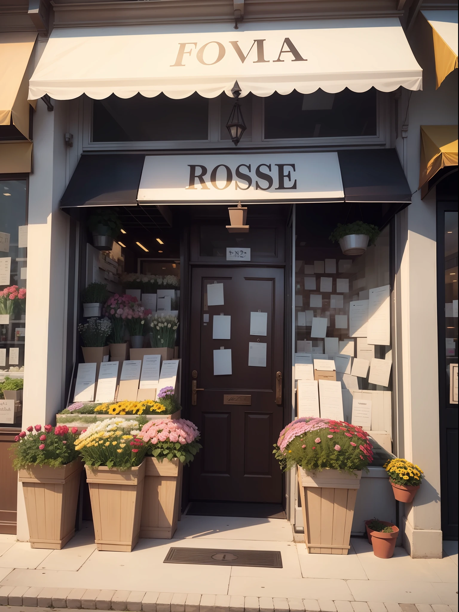 Flower shop，Larger rectangular store signs，A large-character signboard that sags horizontally，NOhumans，There are many bouquets of flowers in front of the store，Rose flower，tmasterpiece，best qualityer，ultra - detailed，illustratio，（Impresionismo：1.4）