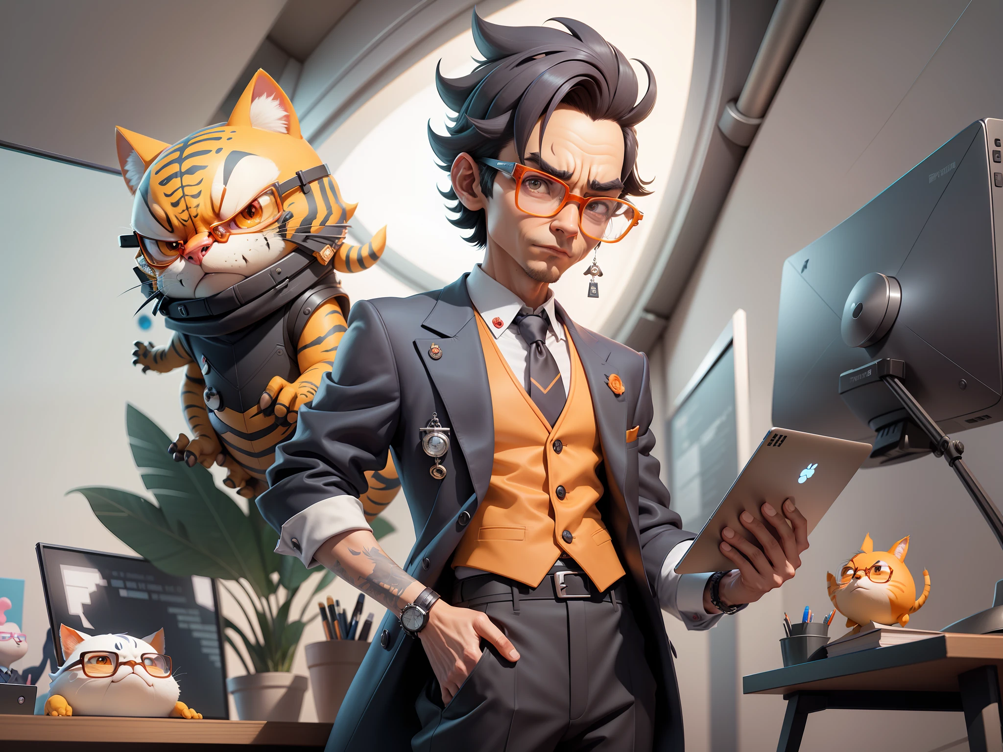 A young man in a suit and pants, Short hair and glasses sat at his desk,holding laptop,digitial painting,tigre,3D character design by Mark Clairen and Pixar and Hayao Miyazaki and Akira Toriyama,4K HD illustration,Very detailed facial features and cartoon-style visuals。