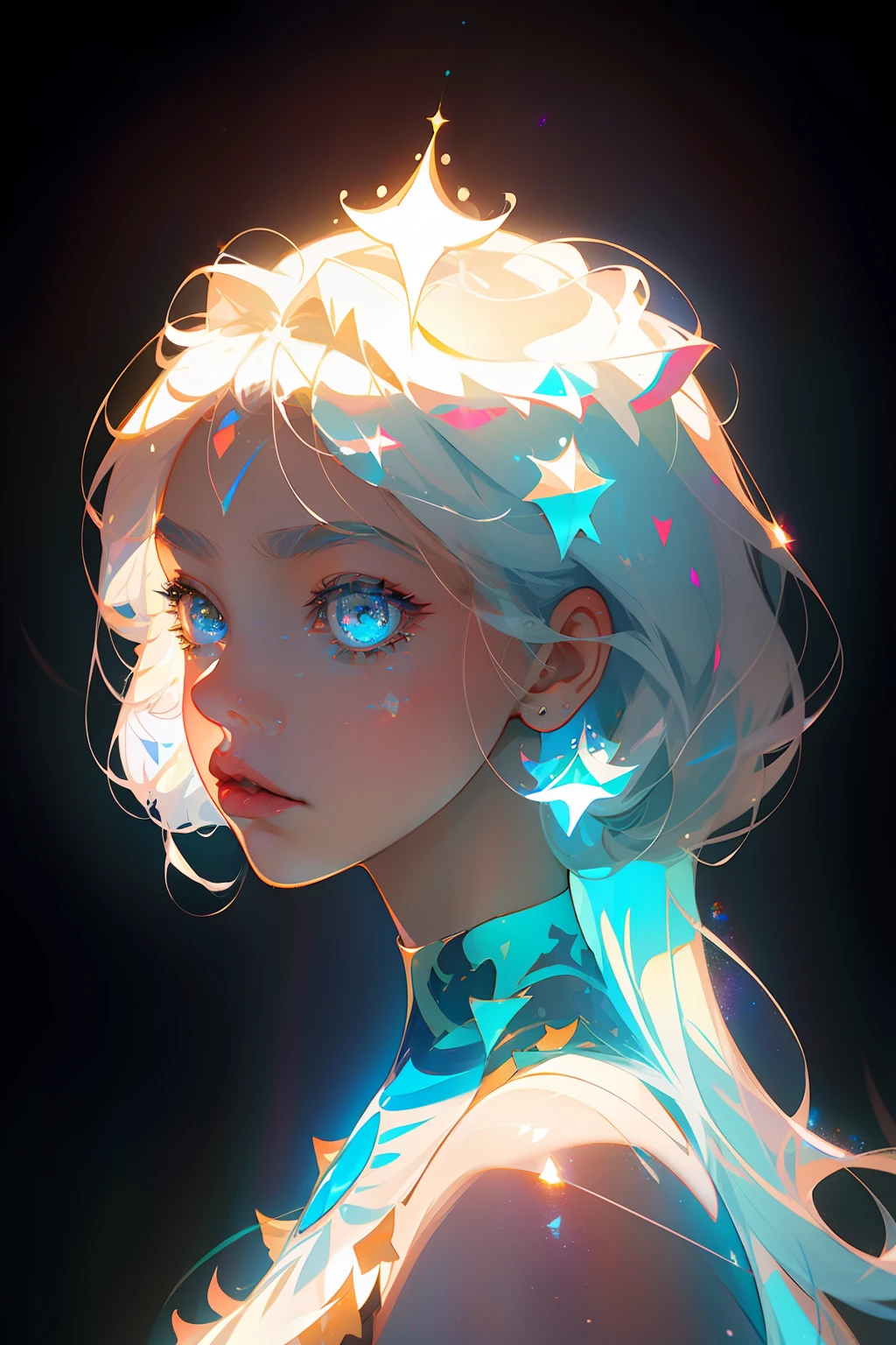 The perfect masterpiece,Highest quality,Perfect artwork,8K,
Upper Body Lens,(front portrait:1.5),Delicate face,Face Close-up,
Mermaid Girl,Bizarre glowing transparent eyes,Magical transparent eyes,Star Eyes,white hair,Holographic Phantom Background,(symmetrical composition:1.5),
Digital Art,plane illustrations,colorful illustration,minimalist style,