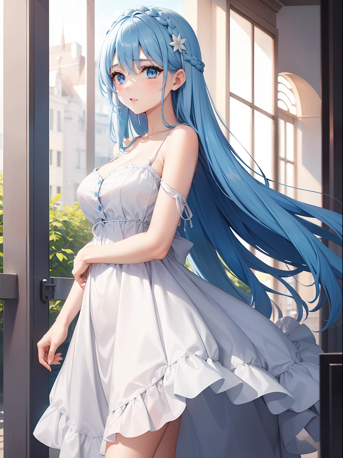 a women, blue hair, blue eyes, white dress