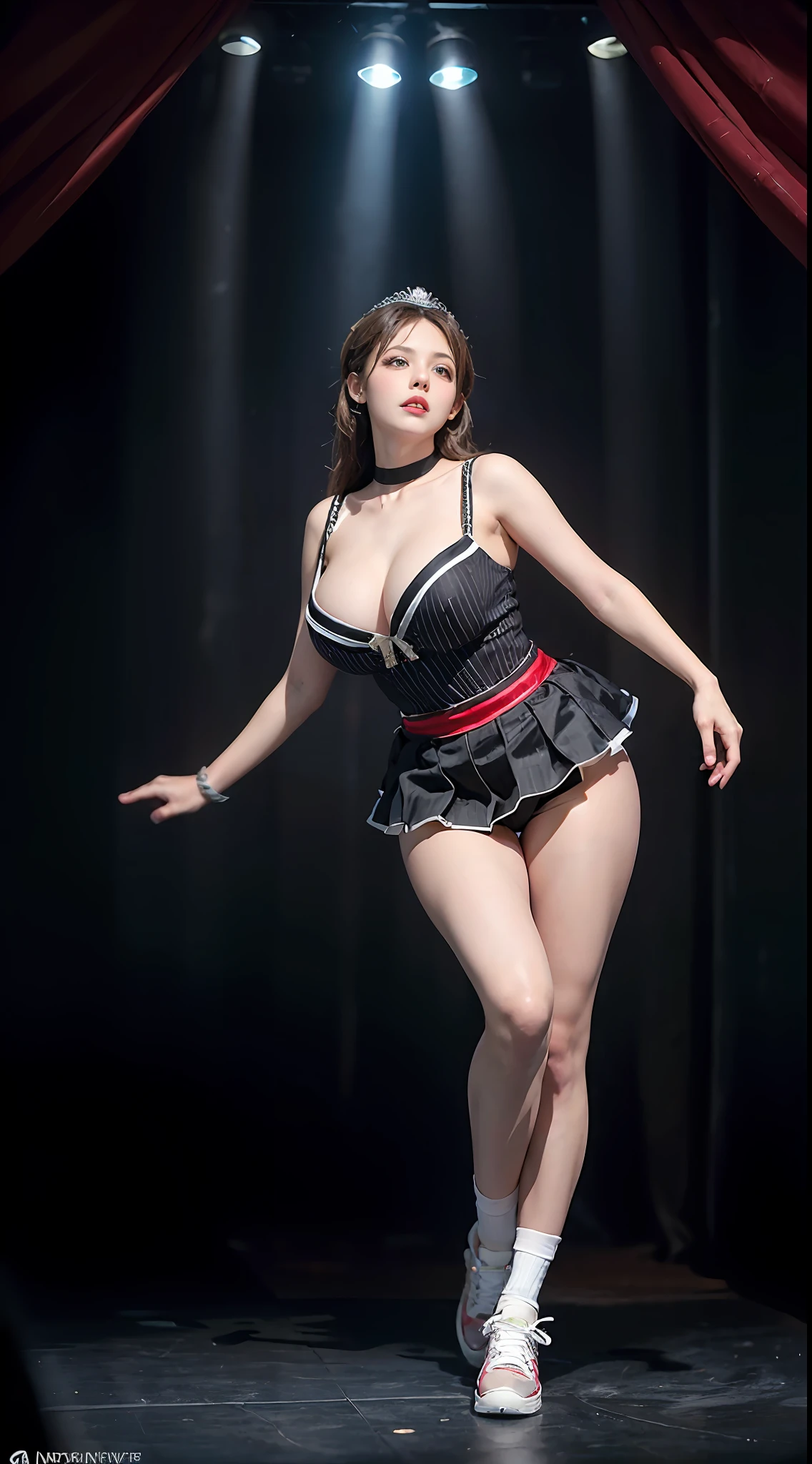 Surrealist women by David Hockney and Alphonse Mucha,Fantasyart,photographrealistic,动态照明,art stations,poster for,huge tit!torches,torchan,Stage,perform,theater,Volumetriclighting,Tall beauty,body high,Very detailed faces,4 k'',1girll,Stage,low tune,facial closeups,(Red and black striped ballet costumes,short transparent dress,Superskirt,Bunny Girl tiara,White sneakers,cleavage:1.4), updo hair,lots of people,Redlip,ssmile,low chest,deep v big breasts,huge tit,Raised sexy,Bigchest,Large breasts,Breast swelling,Raised chest,blackstockings,Breasts are plump,crisp breasts,A plump chest,the breasts are large,Seductive expressions,Wear earrings,The skirt floated,Hair flowing up,Fairy under fan,wearing a choker,Wear a bracelet,The stands up,standing on your feet,long leges,blackstockings,Wet all over,Moisturizes the whole body,huge tit,Red lips,Curvy beauty,Female beauty,stocklings,gigantic cleavage breasts,black lence stockings,slenderlegs,Hot dance,ballet dance,Ballerina,full bodyesbian,beautifullegs,Dance,gracefulness,soft,softness,samba,samba,Noble,Rich,largeeyes,eye shadows,Long legs,beautifullegs,Thin leg,split,splitting legs,Dance,Dancer,split,Aerial capture,Jump up,Suspended in the air,Dancing in the air,The legs are long,Skirt bottom,Curvy beauty,Kicking