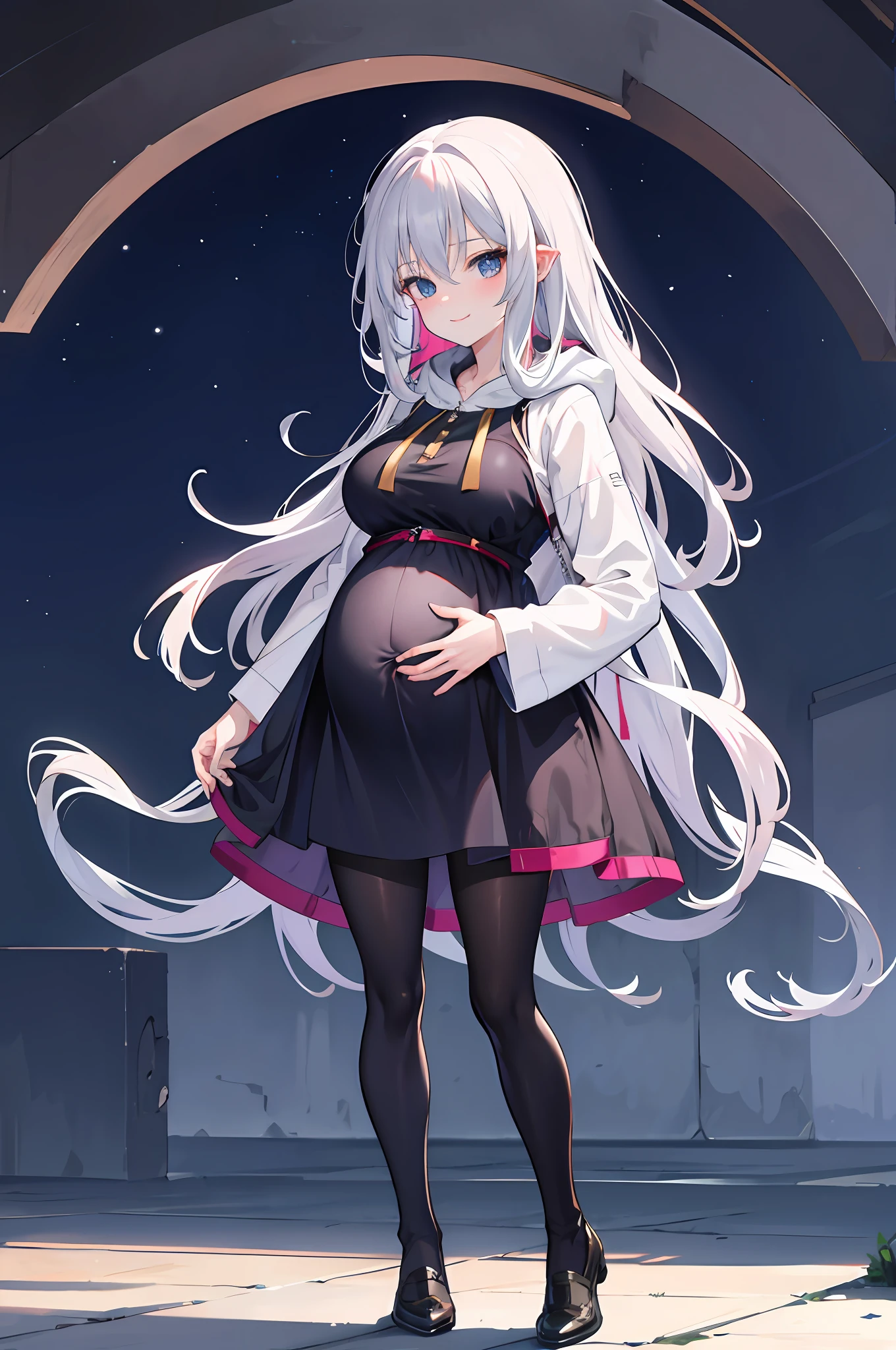1girll,nightcity,Sateen,coat large,Put your hands in your pockets,Pregnant belly, One-piece tights, cabelos preto e longos, Large breasts, Raised sexy, Charming eyes, ssmile, style of anime, 8K, Super detail, The highest quality pregnant belly, Maternity wear,Maternity wear,Pregnant belly,Pregnant belly,Full body photo,Entangled in tentacles