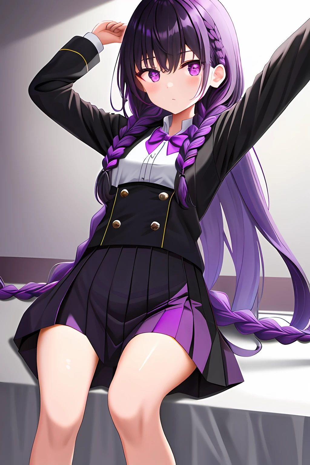 1 girl，Purple double braided hair，wearing black uniform，White shirt，Purple eye，black short skirt，flatchest，long whitr hair，being thin