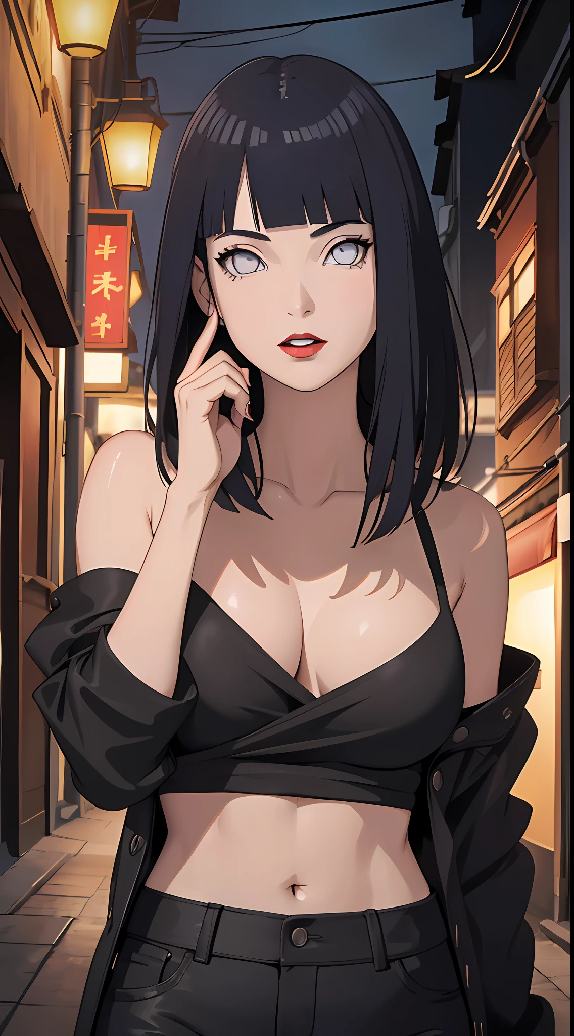 tmasterpiece, Johnny Depp walks through the city at night among fireflies，brassier，nigth, (high detal:1 1), Rough face, Natural skin, high qulity, NSFW,Naruto，Hinata，Black color hair，Straight hair，upperbody closeup，White eyes，Black pants，（Large breasts:1.1），(Skinny figure:1.4)，(Red lips:1.3)，（Off-the-shoulder attire:1.5），(比基尼:1.5)，（ssmile:1.5），(Be red in the face:1.4)，（cleavage:1.4），Purple clothes，beautidful eyes, (Detailed face and eyes), (the face: 1 2), noises,Extra, real photograph, .............................PSD, Lamp film photography, sharp fokus, contrasty lighting, Delicate skin, High resolution 8K, insanely details, realisticlying, professional photoshooting, 8K  UHD, SLR camera, softlighting, high high quality, filmgrain, Fujifilm XT3，Keep one's mouth shut，particle fx
