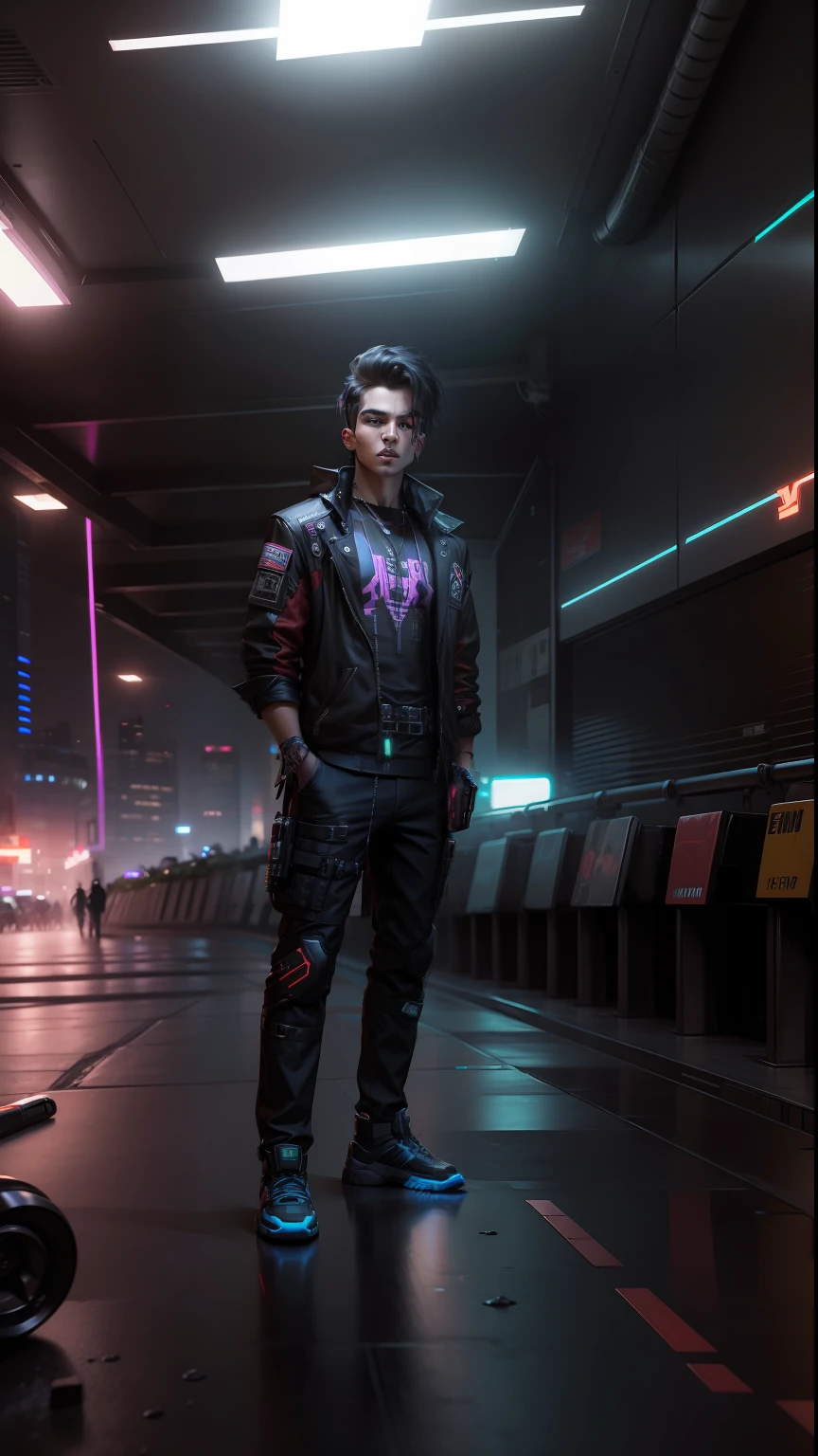 Change background cyberpunk handsome boy, realistic face, 8k, ultra realistic.