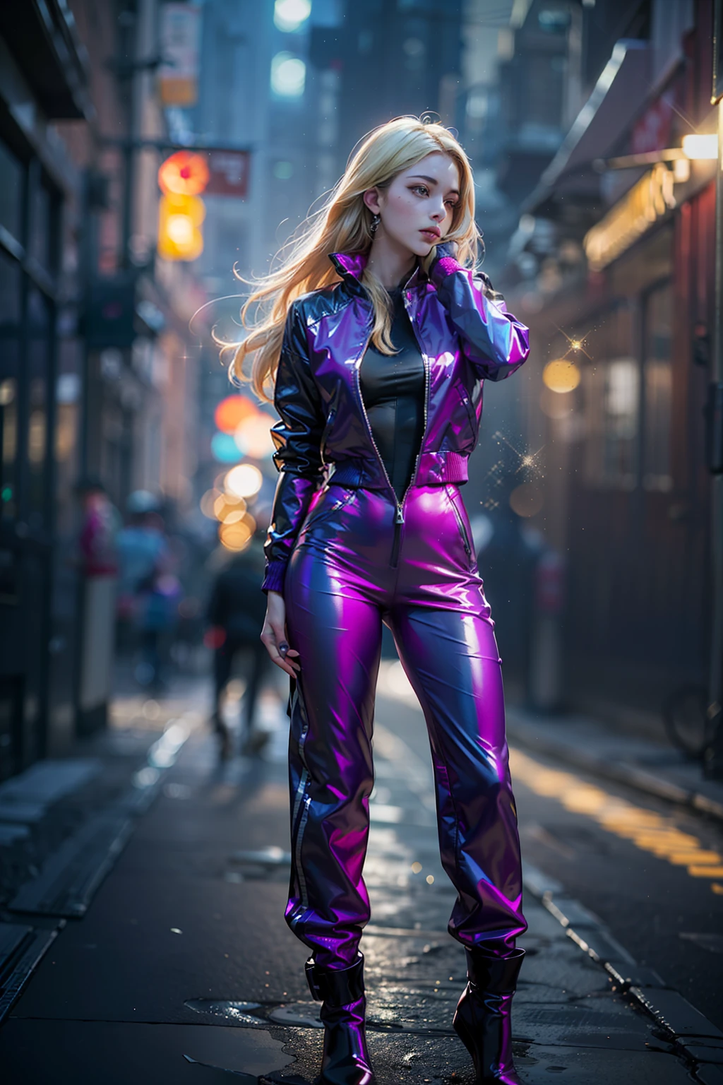 (
(Character: one escapist woman, russian traits, long wave hair, blonde hair, lean body)
(Clothing: purple jacket, futuristic jumpsuit)
(Pose: full body shot:1.7, dynamic pose)
(blurry, intense urban lights in background)
(Style: ((masterpiece:1.5)), (face detailed), photo-realistic:1.3, hyperrealistic, foggy, high contrast, shiny skin, soft lighting, backlighting, bloom, light sparkles, chromatic aberration)
