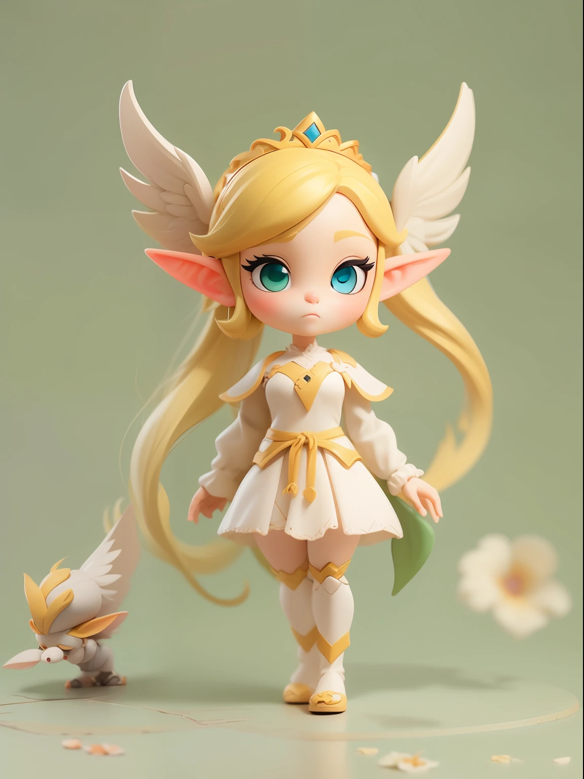 (Blind box toy style:1.2,European and American cartoon Q version), 1 Gorgeous female elves,soloist,Cute full body portrait,Full body standing painting,cartoon character,blond hairbl,double-ponytail,Golden wings,Light yellow white petal dress,Elf Princess,medieval times,3Drenderingof,cinmatic lighting,Ray traching
