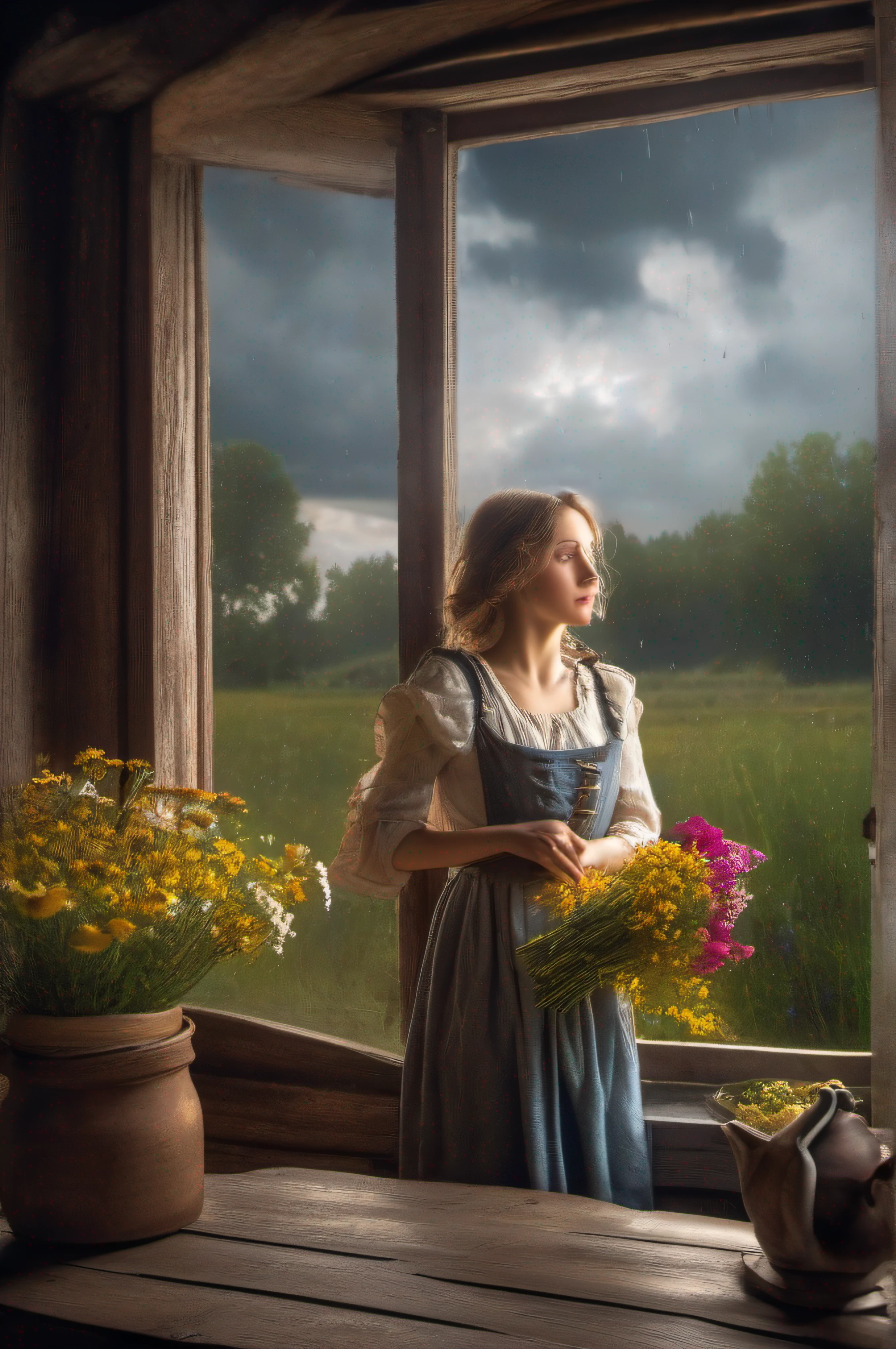 bouquet of wildflowers, pretty young peasant woman watering the flowers, open window with stormy sky, old wooden table, Romanticism, backlighting, ray tracing, f/16, Canon, masterpiece, high quality, 8k