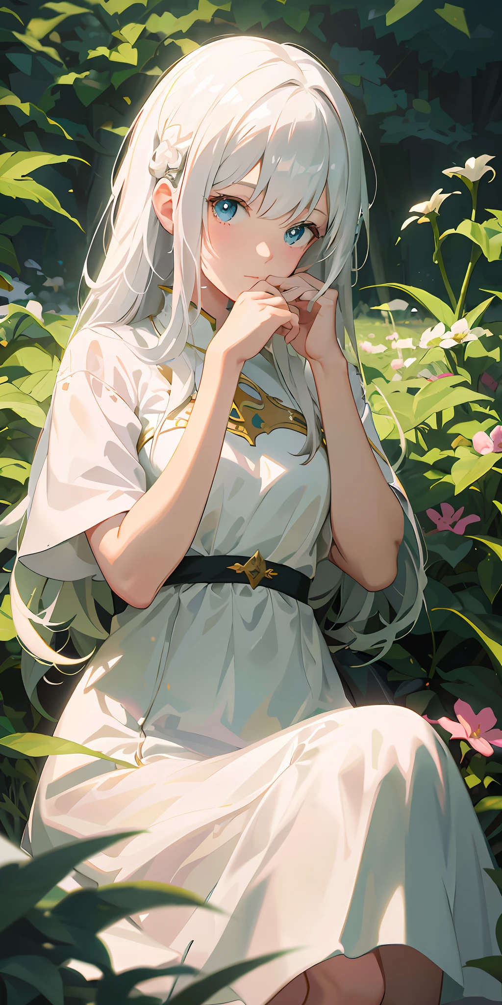 Anime girl sitting in flower field in white dress, white-haired god, Guweiz in Pixiv ArtStation, Detailed digital anime art, Guweiz on ArtStation Pixiv, white haired lady, Anime goddess, Girl with white hair, white haired Cangcang, White dress!! of silver hair, with long white hair, clean and meticulous anime art