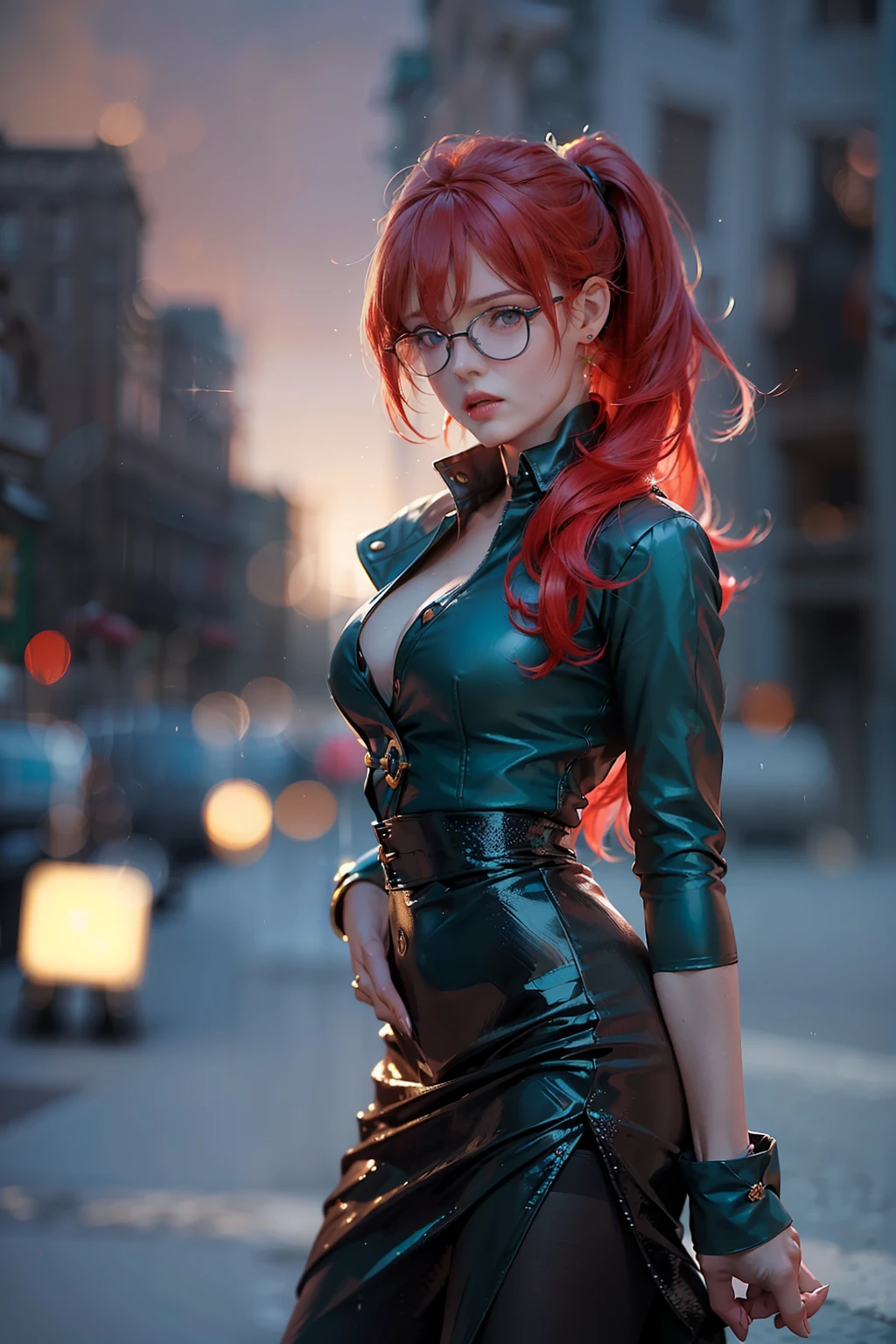 ( 
    (Character: one irish woman, (40 years old), red hair, long ponytail hair) 
    (Clothing: cyan vintage dress, pantyhose, high heels boots, glasses)
    (Pose: full body shot:1.7, dynamic pose)
    (blurry, intense urban lights in background) 
    (Style: ((masterpiece:1.5)), (face detailed), photo-realistic:1.3, hyperrealistic, foggy, high contrast, shiny skin, soft lighting, backlighting, bloom, light sparkles, chromatic aberration)