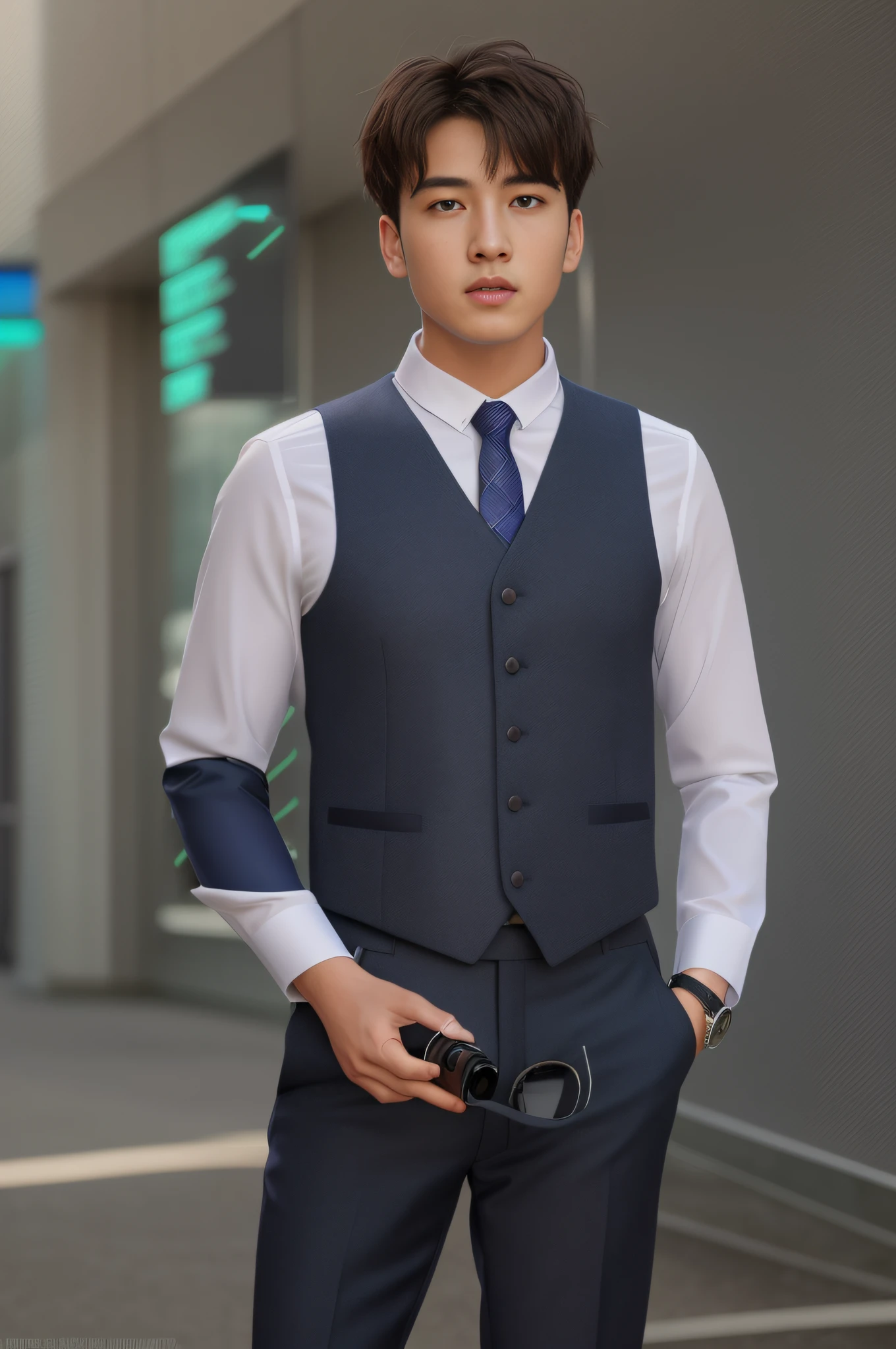 Allard man in suit and tie holding camera, wearing suit vest, suit vest, formal suits, wearing a vest, wearing a dark blue suit, wearing a vest, Formal attire, wearing a vest and a tie, waistcoat, dressed in a suit, wearing fashion suit, formal outfit, wearing business casual dress, Navy blue, well - dressed,Retina screen,hyper HD,Textured skin,A high resolution,anatomy correct,atmospheric distance sense,Perspectiva subjetiva,Standing painting style,face ultra details,best qualtiy,8k,Chinese things,Super realistic,Star temperament,Ray traching