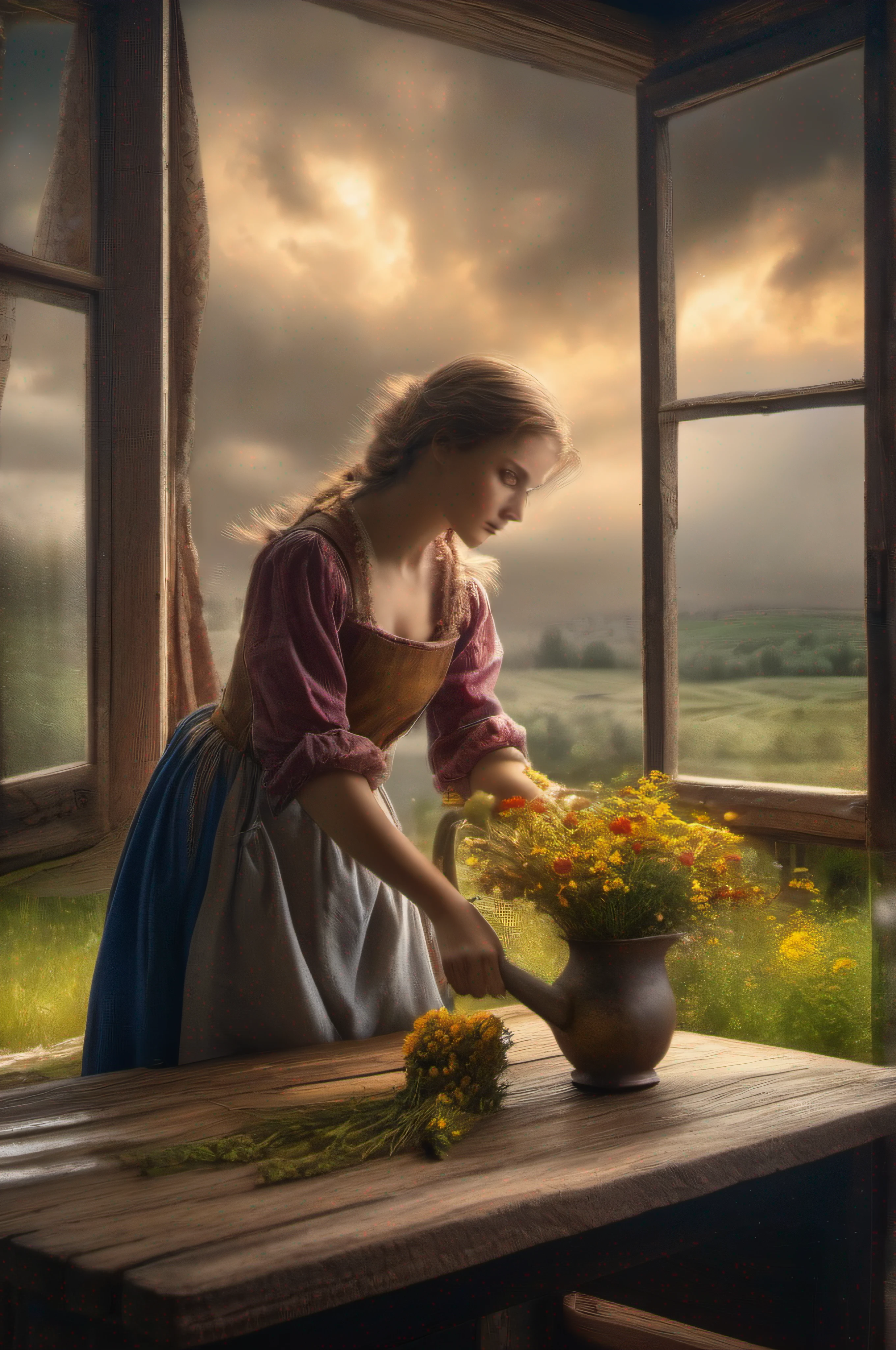bouquet of wildflowers, pretty young peasant woman watering the flowers, open window with stormy sky, old wooden table, Romanticism, backlighting, ray tracing, f/16, Canon, masterpiece, high quality, 8k