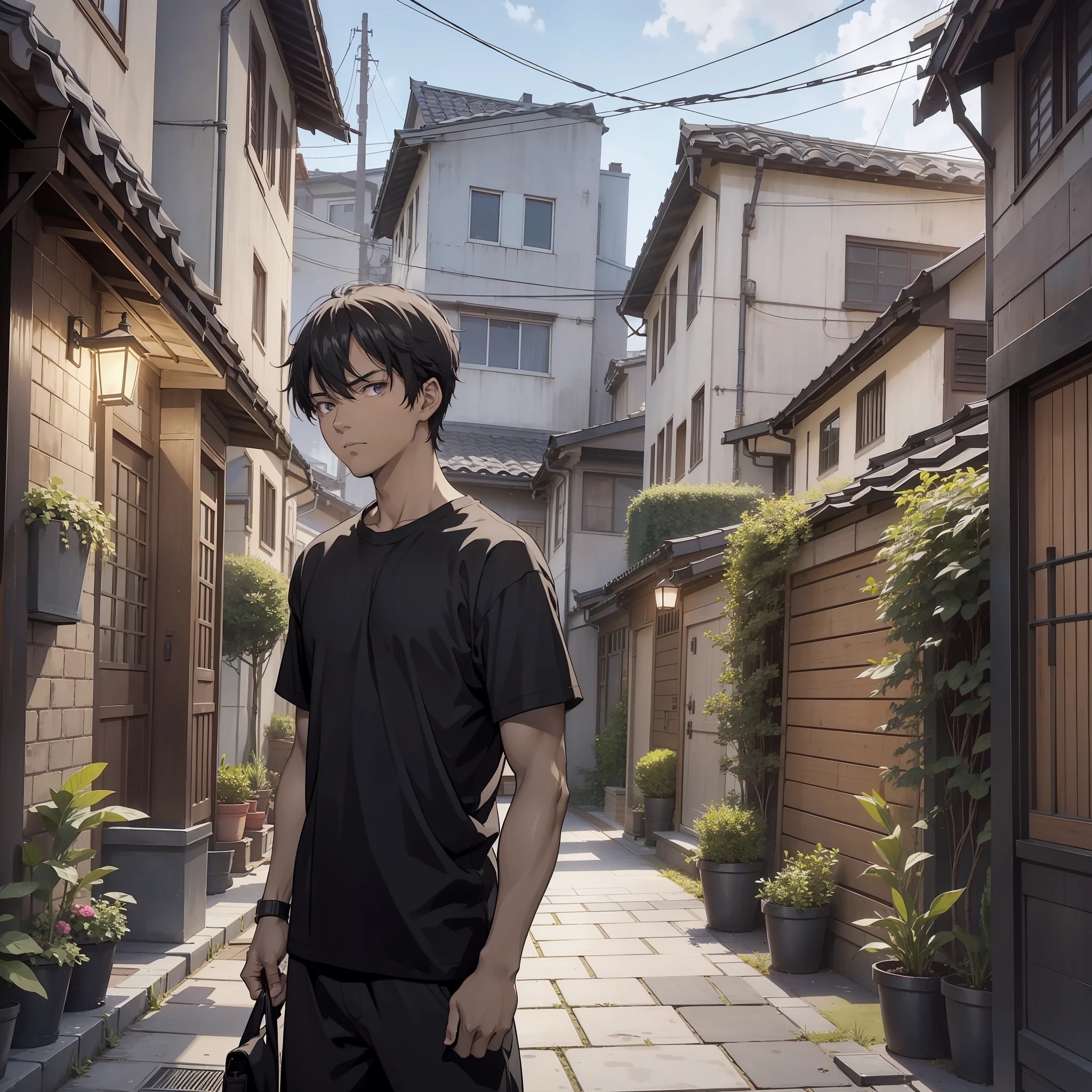 One was wearing a black T-shirt，A man of about 30 years old, with short black hair and dark skin, stood in the courtyard（Serious expression 1.5）（Dark skin1.5）The background is the yard of the house 1.5）style of anime4 K，Anime rendering，style of anime。8K，（Upper body display 1.5）（Cinematic lighting 1.5）（Master masterpieces：1.4）（Ultra-high detail1.5）（Best quality1.5）（The vicissitudes of man 1.8）