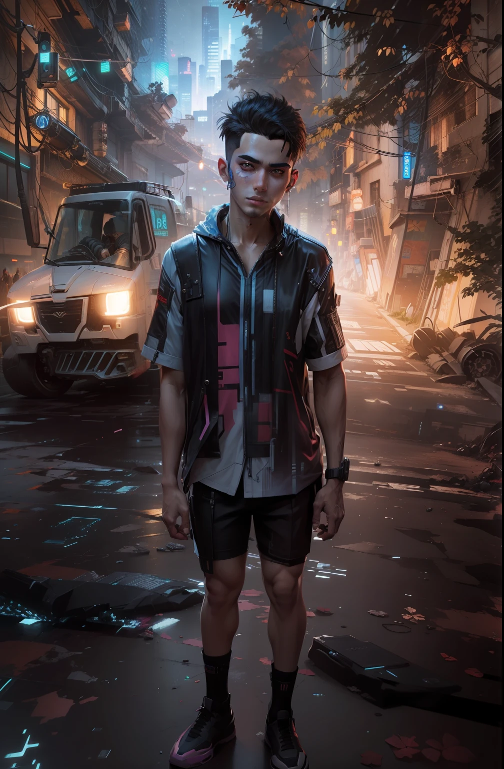 Change background cyberpunk handsome boy realistic face