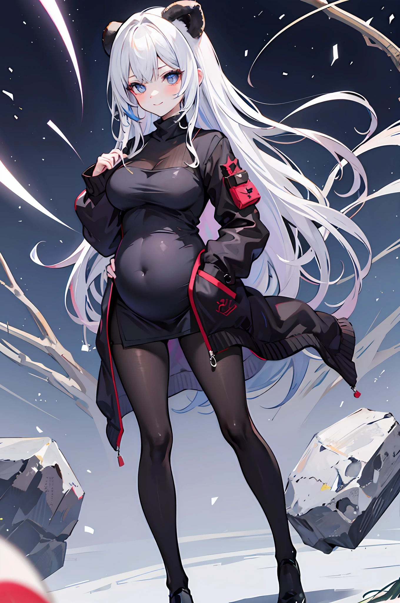 1girll，nightcity，Sateen，coat large，Put your hands in your pockets，Pregnant belly, One-piece tights, cabelos preto e longos, Large breasts, Raised sexy, Charming eyes, ssmile, style of anime, 8K, Super detail, The highest quality pregnant belly, Maternity wear，Maternity wear，Pregnant belly，Pregnant belly，Full body photo，Entangled in tentacles
