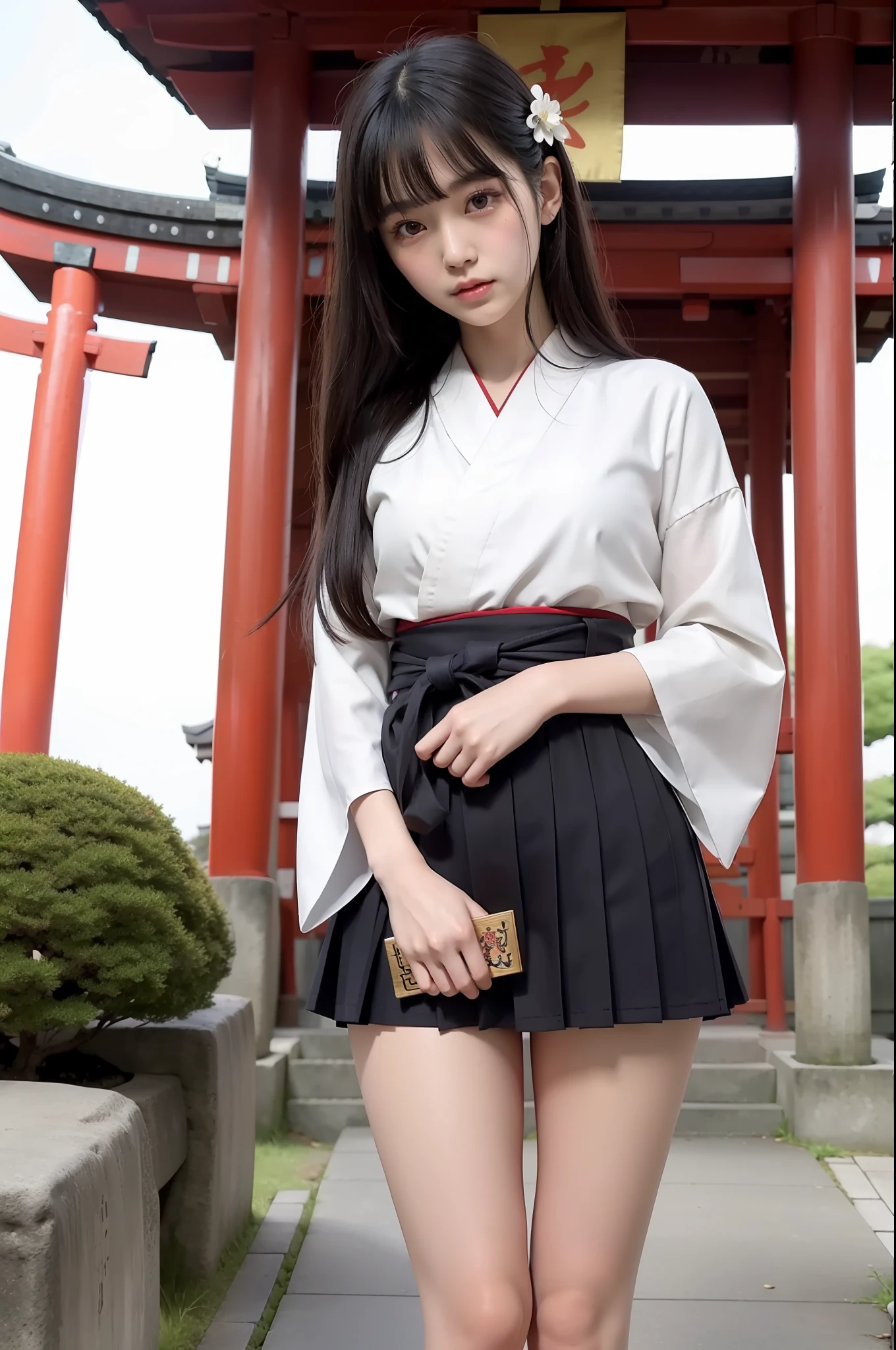 Photo Real、photoRealstic A dark-haired、length hair、bangss with round face、drooing eyes、Big eyes、Black eyes、a small face shrine maiden、Priestess of the Japan Clothes、Red Hakama、White kimono with lines 、japanes、skinny body、skinny legs、Soft thighs、vaginal、Female genitals Bold legs open、Hakama flips、Pose boldly on the ground、Exposed crotch、Show off your crotch、full bodyesbian、Bold poses Background with、shrines、Temple of Japan、torii gate、Central of the stone path