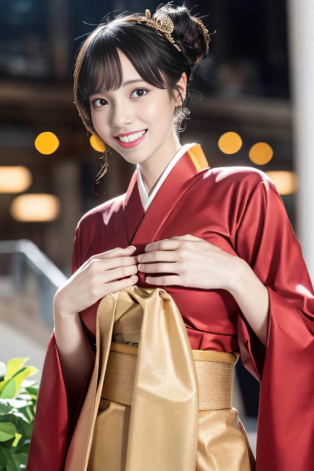 (8k, best quality, masterpiece:1.3), extremely cute and beautiful girl, 1girl, Times square garden at night, full body, 32k, RAW photo, realistic, photo-realistic, twin-buns hair, chestnut hair, looking the viewer, facing the viewer, medium-breasted, ((red cleavage cut-out gothic kimono dress with small gold detailed)), lace, brown eyes, Ultra-detailed face, Detailed eyes, Double eyelid, chestnut hair, cleavage, (Beautiful Breasts:1.3), (Abs, Slender Figure: 1.2), Sharp Focus, (((Intricate Details)), High Detail, ((frame the head)), sexy model pose, light grin smile, full body image, close mouth, stylish model posing, perfect anatomy, perfect proportion, light grin smile, blush, both hands on behind back on hip, arms down,