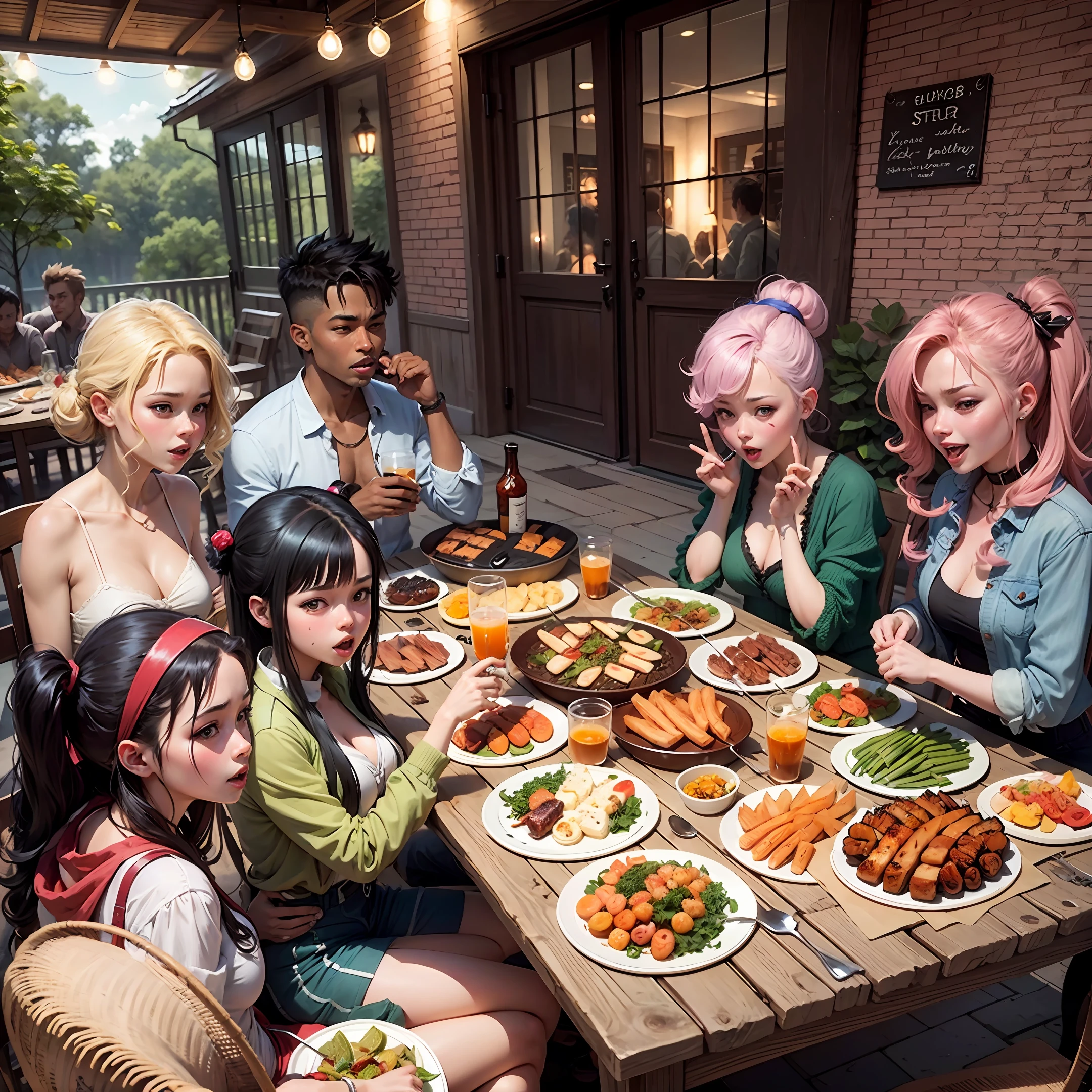 seven friends celebrating at a barbecue, anime style --auto --s2