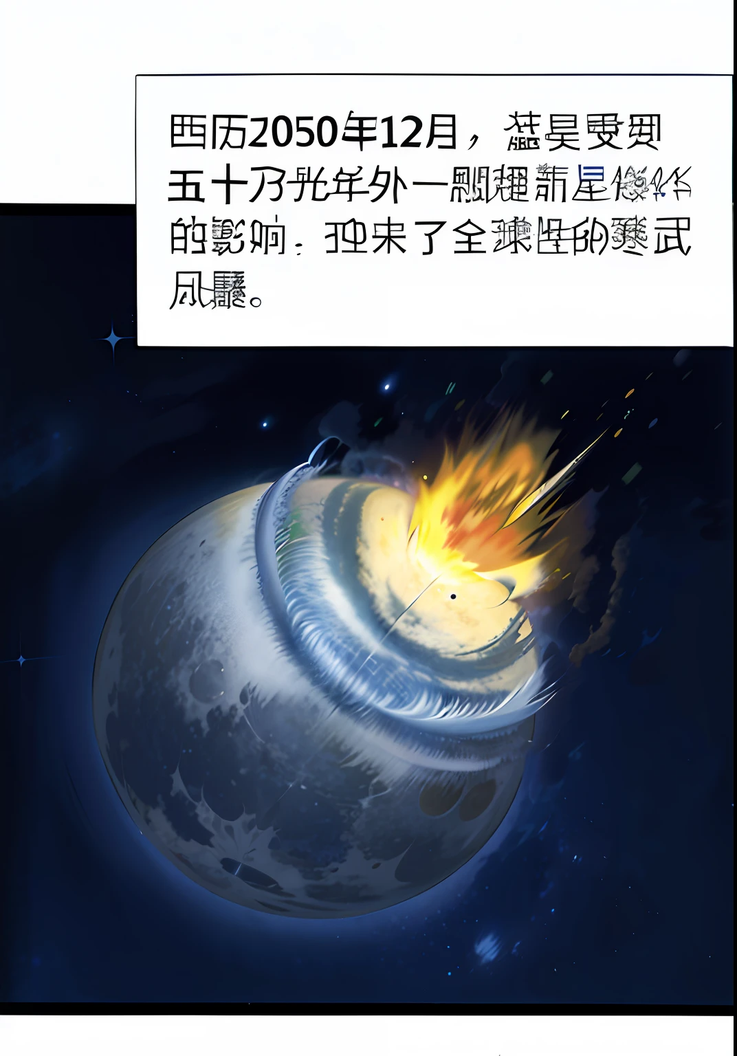 Arafeld image of a cartoon picture of a planet with a fire spiral, moon crash into earth, moon hitting earth, moon crash into earth, Wang Chen, planets crashing, two planets colliding, planets colliding, moon crash into earth, meteors are falling from the sky, During meteor storms