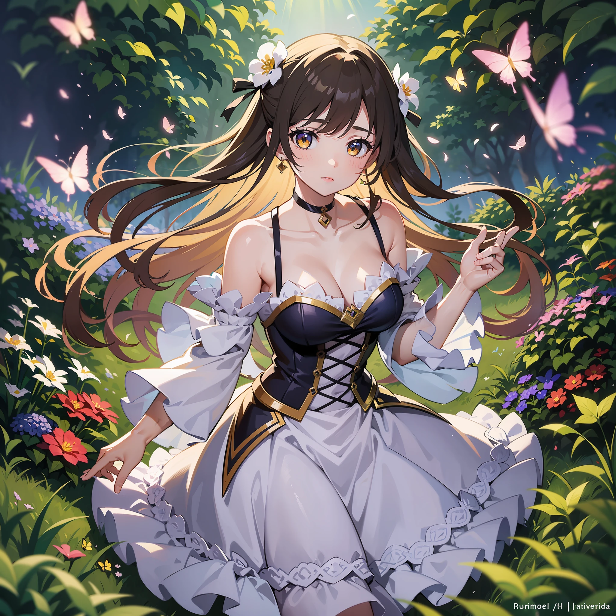 1girl, solo, full body, (masterpiece:1.21), (best quality:1.2), colorful, (illustration:1.2), (cinematic lighting:1.1), (bare shoulders:1.21), (collarbone:1.21)
In this whimsical and fantastical garden, the scene is illuminated by a rainbow of (colorful fireflies), dancing and fluttering in the air. The garden is decorated by a gentle (drizzle), creating a misty and ethereal atmosphere. In the center of the scene, there is a single girl, an extremely delicate and beautiful girl, with cute features and an innocent expression. Her long hair is flowing with the wind. She is wearing no shoulder straps dress, which is ultra low cut, highlighting her delicate curves.

The lighting is very delicate and beautiful, creating a soft and warm glow that highlights the water, making it sparkle like diamonds. The finest grass is also illuminated, creating a lush and verdant carpet. The garden is surrounded by colorful flower fields, with blooms of every color and shape. (Colorful butterflies), of every shade and size, can be seen fluttering around the scene, adding to the overall sense of wonder and magic. (look ai viewer),A blush can be seen on her nose, and her mouth is slightly open, adding to the overall sense of innocence and youthfulness. Falling petals can be seen floating around her, adding to the overall sense of romance and beauty. A gentle wind is blowing through the scene, making the leaves rustle and the flowers sway, adding to the overall sense of movement and life. This is a scene of pure wonder and magic, filled with color and beauty, where the viewer can lose themselves in the enchanting and captivating world.