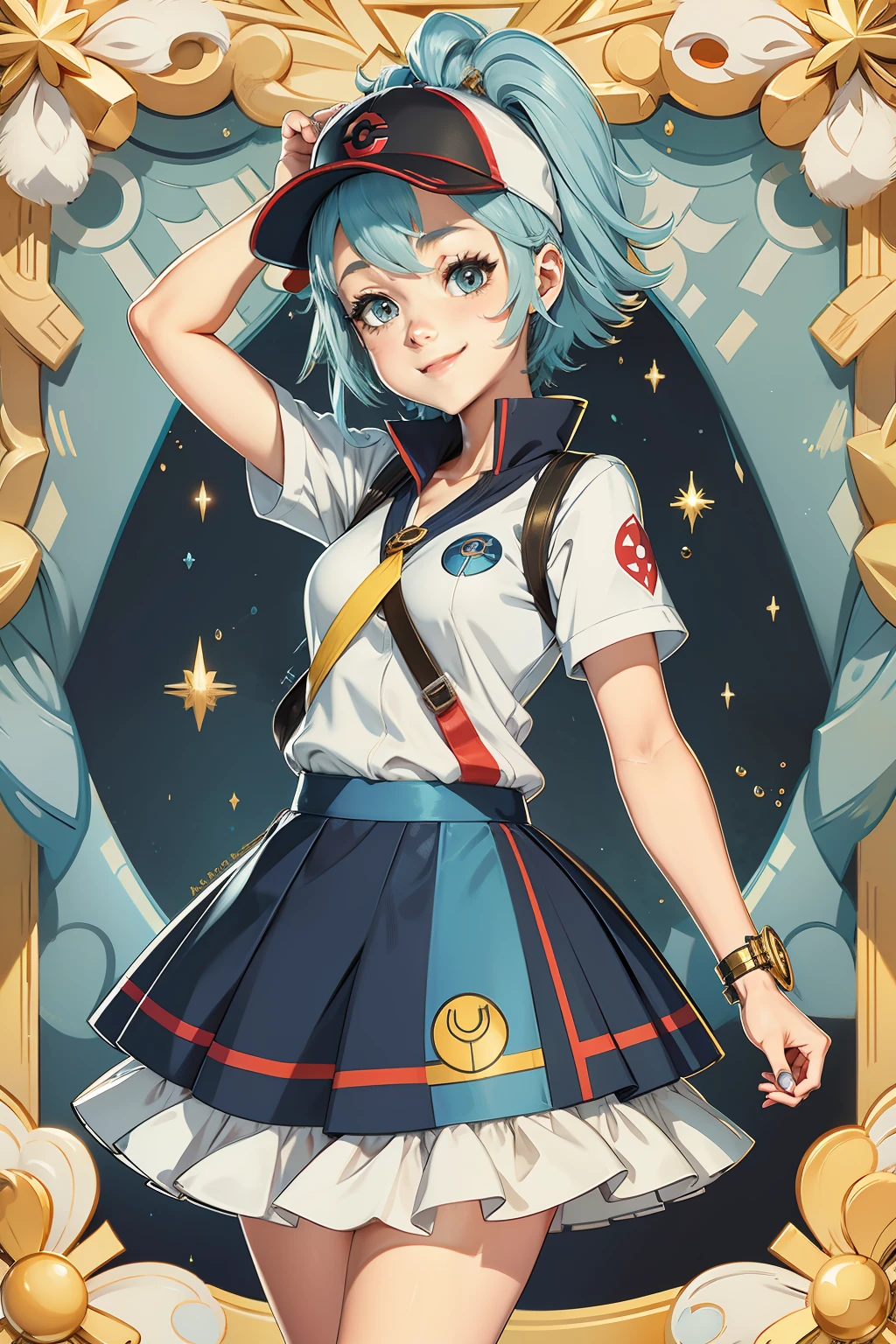 pokemon trainer, pokemon trainer outfit, offcial art,blue hairs,gold eyes,Kizi,smiling expression,a skirt