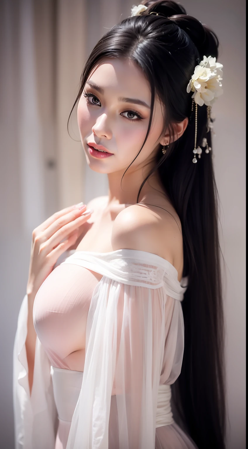 Fashion model 20 years old [[[[closeup cleavage]]]], [[[[boobgasm]]]], [[[[coll]]]], [[[[bshoulders]]]], perfect  eyes, Perfect iris，Perfect lips，perfect teeth，Perfect skin，Long face，slender nose，tall nose bridge，Soft front light，hdr，Movie girl，Simple hairstyle，light make-up，Casual，（pastel colour：1.2）