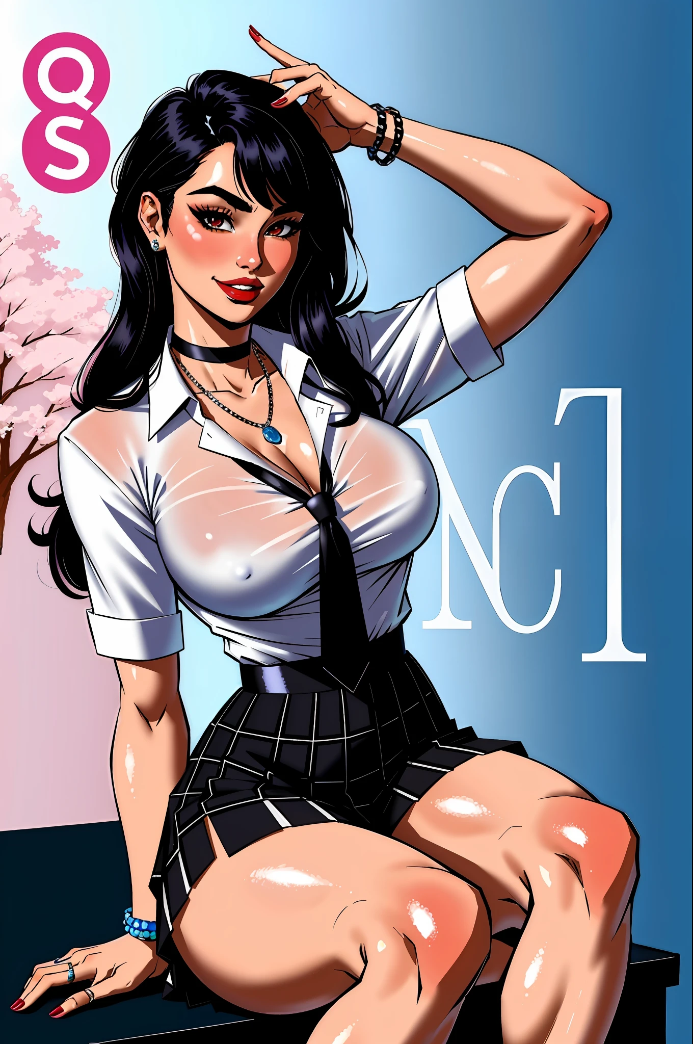 masterpiece, best quality, full body, 1woman, bangs, black choker, black necktie, black hair, blue skirt, blush, bracelet, breasts, choker, clothes around waist, collarbone, collared shirt, cowboy shot, dress shirt, ear piercing, eyebrows visible through hair, gradient hair, grin, gyaru, jewelry, kogal, long hair, looking at viewer, loose necktie, necktie, piercing, plaid, plaid skirt, pleated skirt, red eyes, ring, school uniform, shirt, skirt, smile, solo, white shirt, street, sky, cherry blossoms, petals,illustration, (magazine:1.3), (cover-style:1.3), fashionable, woman, vibrant, outfit, posing, front, colorful, dynamic, background, elements, confident, expression, holding, statement, accessory, majestic, coiled, around, touch, scene, text, cover, bold, attention-grabbing, title, stylish, font, catchy, headline, larger, striking, modern, trendy, focus, fashion,