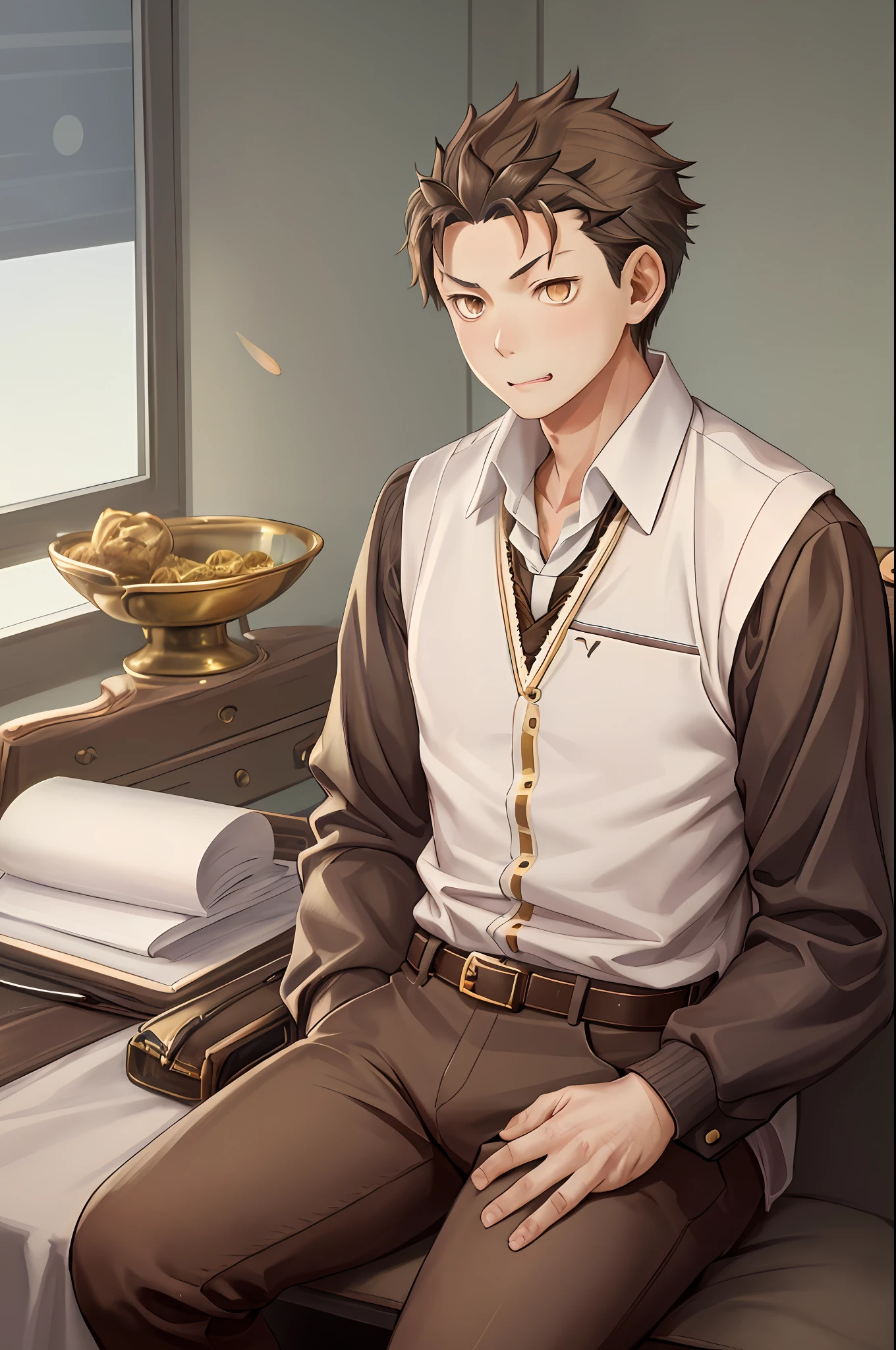 (1 Adult male),A high resolution, Sharp focus, Pixiv masterpiece, ((Complicated details)), highly detailed, natsuki_subaru, 1 man, with her mouth open,drools,full bodyesbian, Golden eyes(eyes glowing), with short golden hair,white shirt,Wear a tie,Wear a belt,perspire,look from down