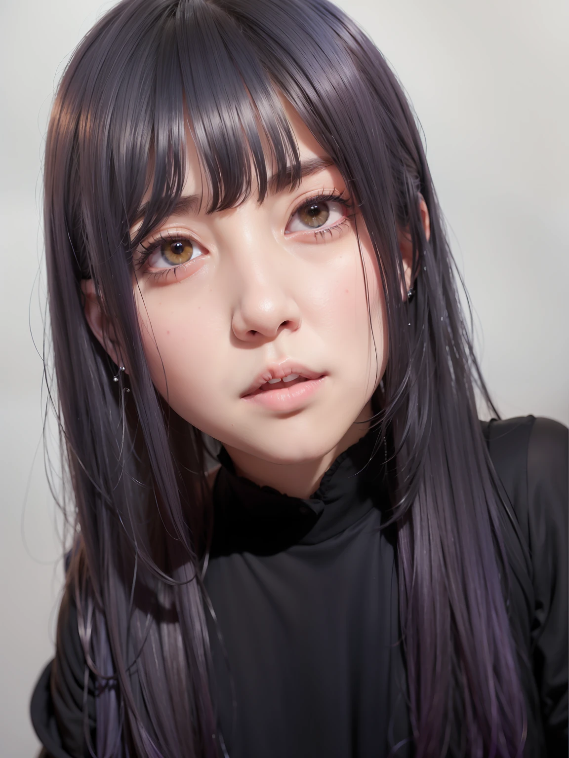 Alafed woman with long purple hair and black shirt poses for photo, hime-cut, Misato Katsuragi, Violet Longhair, black hime-cut hair, 奈良美智, chiho, sui ishida with black hair, Kotegawa Yui, closeup Iwakura Lain, style of junji ito