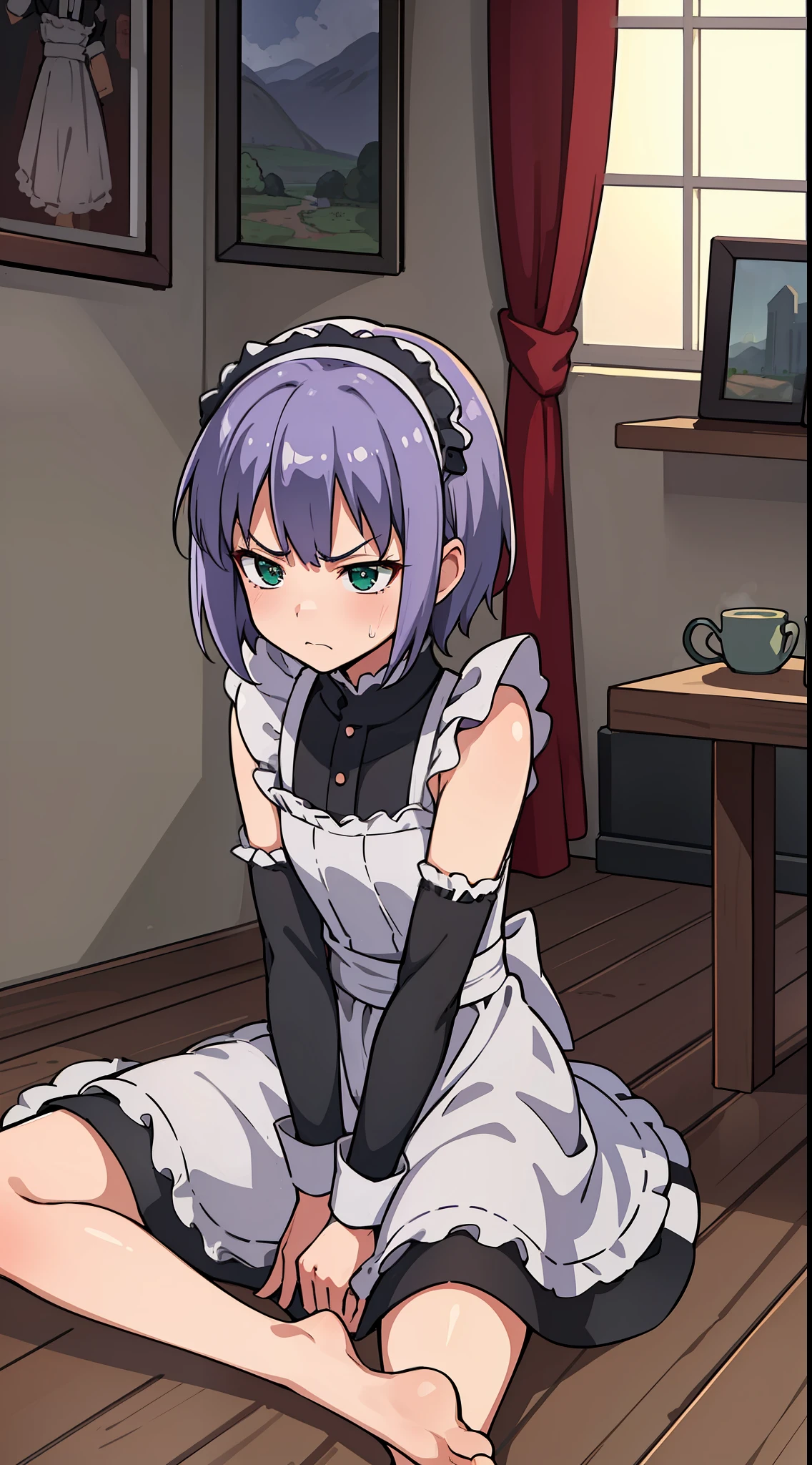 hiquality, tmasterpiece (One teenage girl, housemaid) cute face, Frowning, indifferent face, light purple smooth short hair. Green eyes, maid outfit, bare feet. In the background of the room. gloomily.