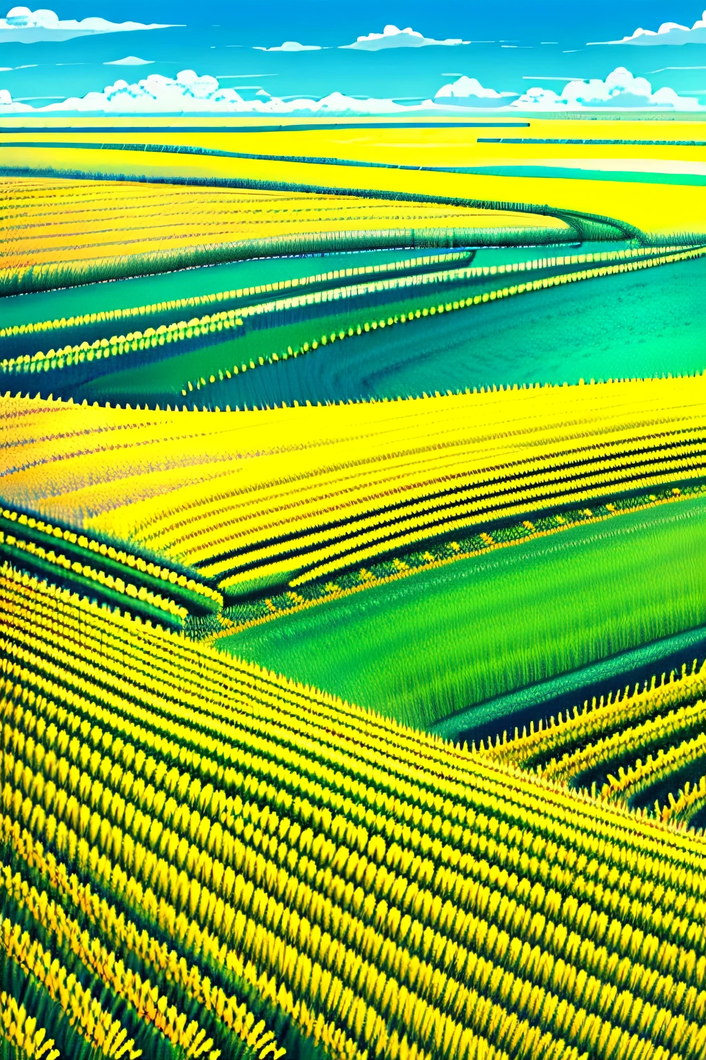 Yellow rice fields with blue sky as background, Yellow painting. 8K,Bright landscape idyllic，A land of poetic riches, rows of lush crops,