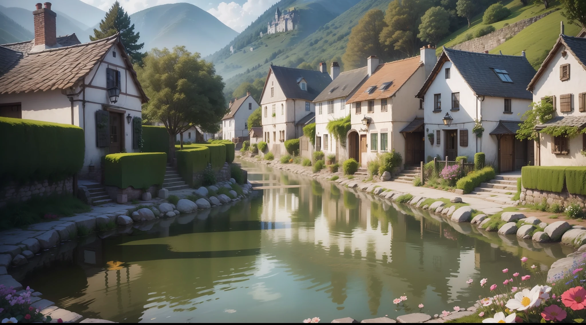 "A serene and picturesque village, where stories unfold. A peaceful and enchanting atmosphere, with vintage charm. Quaint cottages, cobblestone streets, and blooming flowers. (Include elements like: villagers, daily activities, traditional customs, festivals). Immersive colors and soft lighting bring warmth and nostalgia. Capture the essence of community and the joy of simple pleasures. Transport us to a world of tranquility and delightful tales."